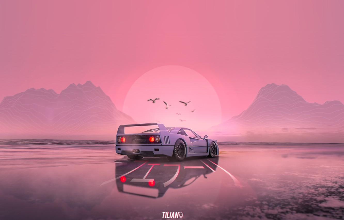 Wallpaper Sunset, The sun, Music, White, Style, Background, Ferrari, F 80s, Style, Supercar, Neon, Illustration, Sports car, 80's, Synth image for desktop, section рендеринг