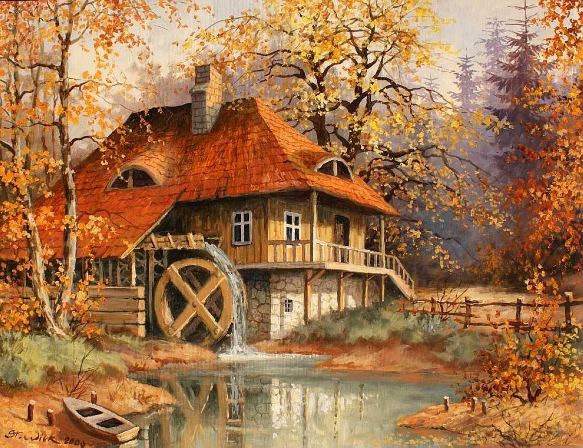 old mill in autumn, autumn, cottage, creek, forest, house