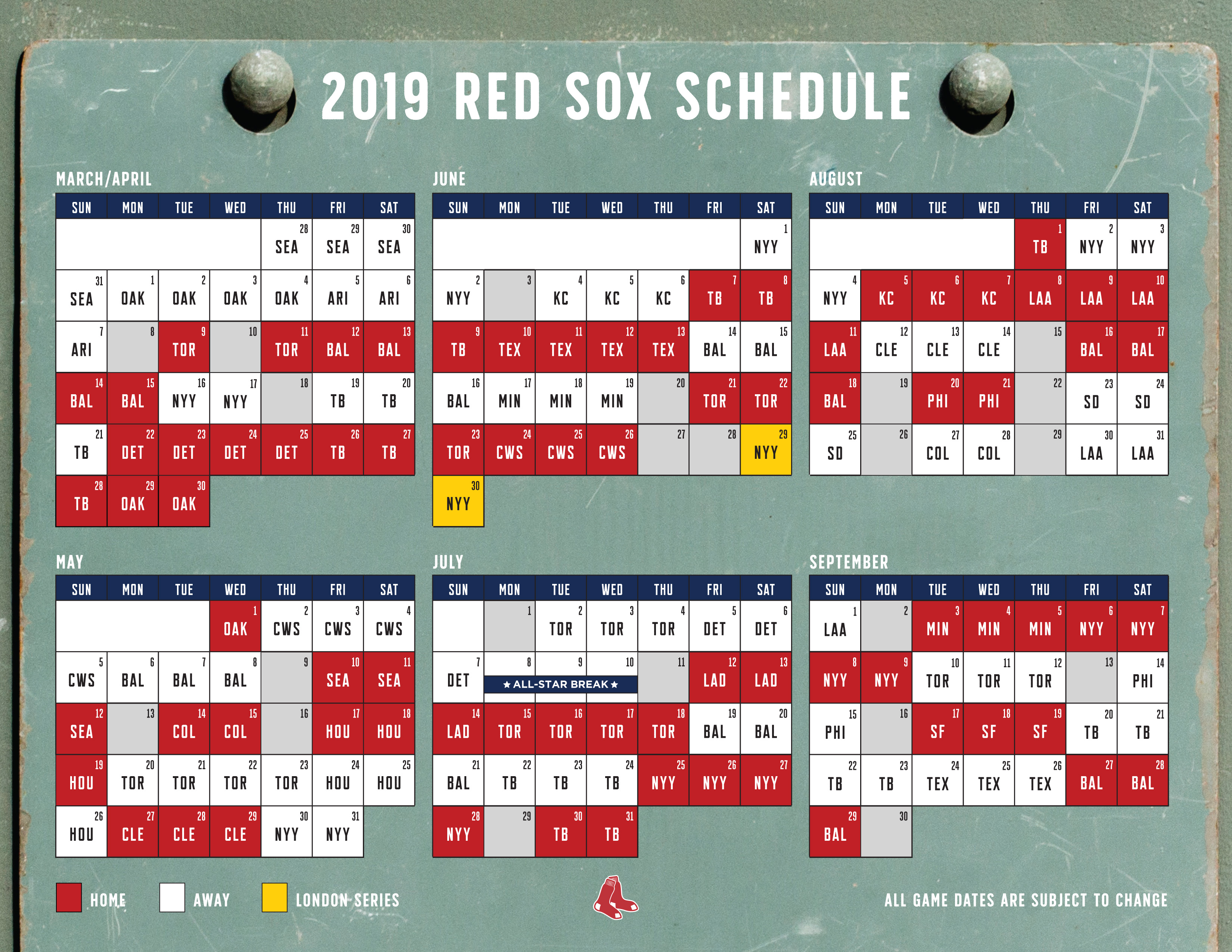 Here's the Red Sox schedule for the 2019 season
