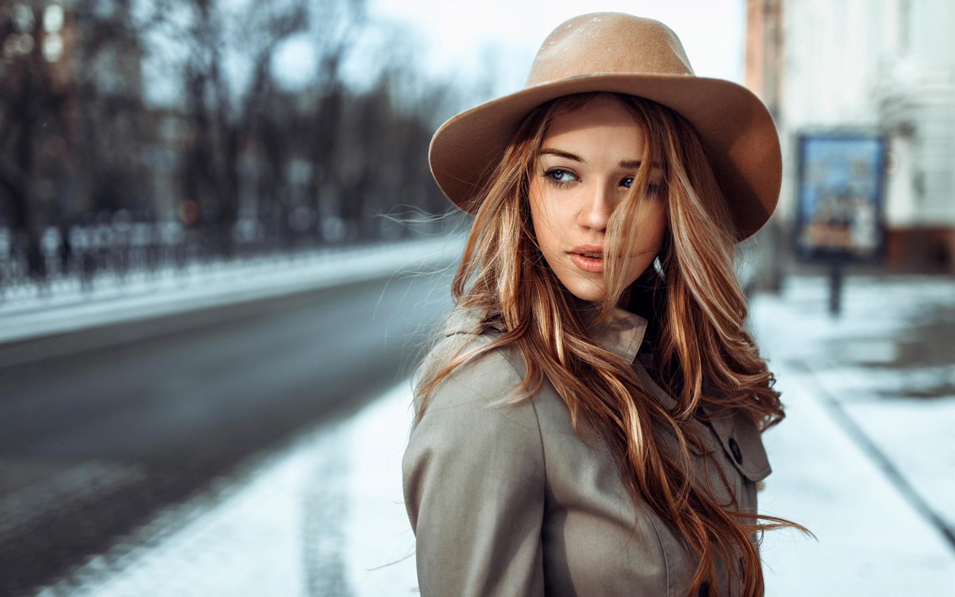 Brown Hair Girl, Wind, Hat, City Wallpaper With Brown Hat