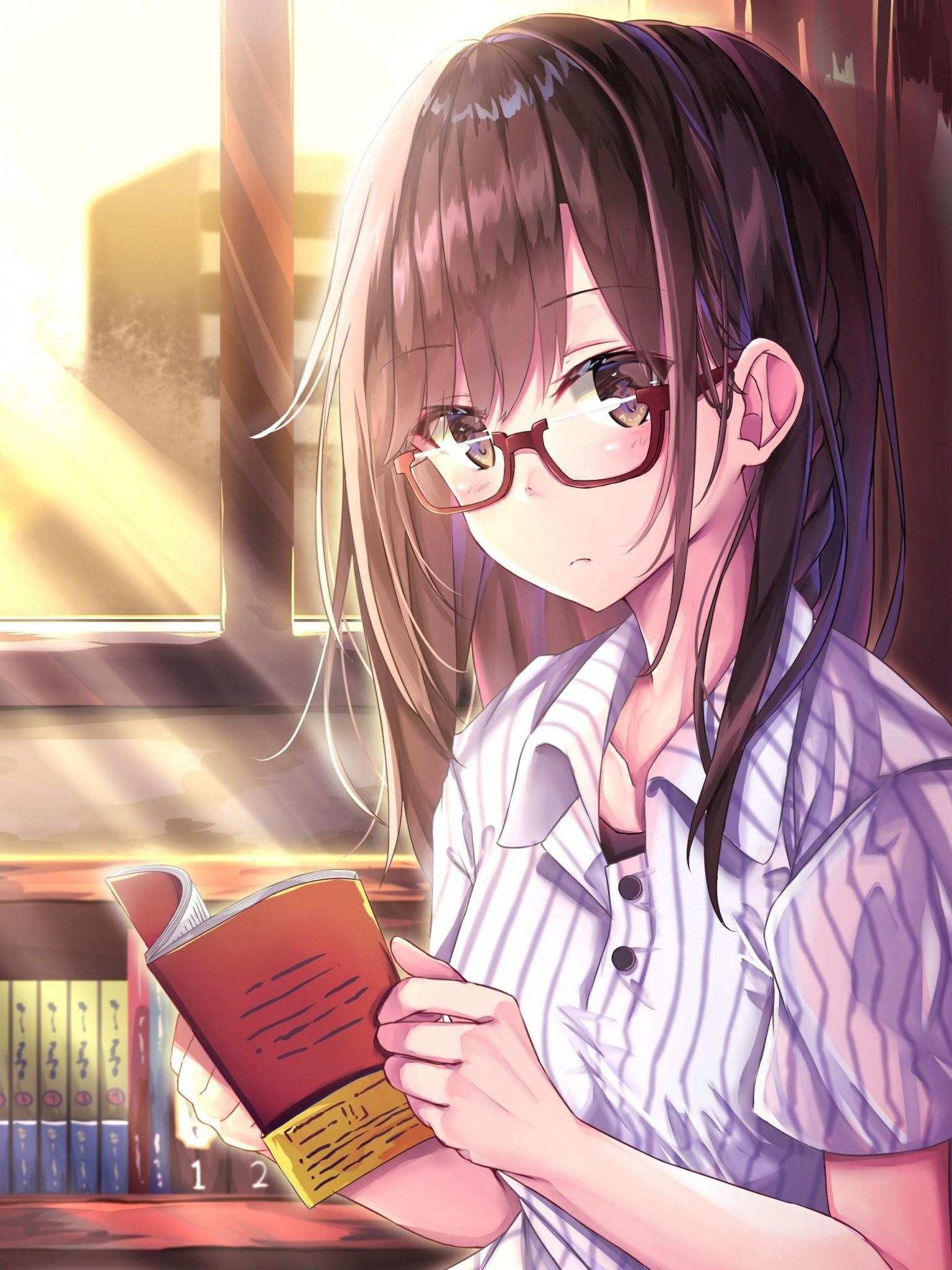 Download 1536x2048 Anime Girl, Meganekko, Brown Hair, Reading, Moe
