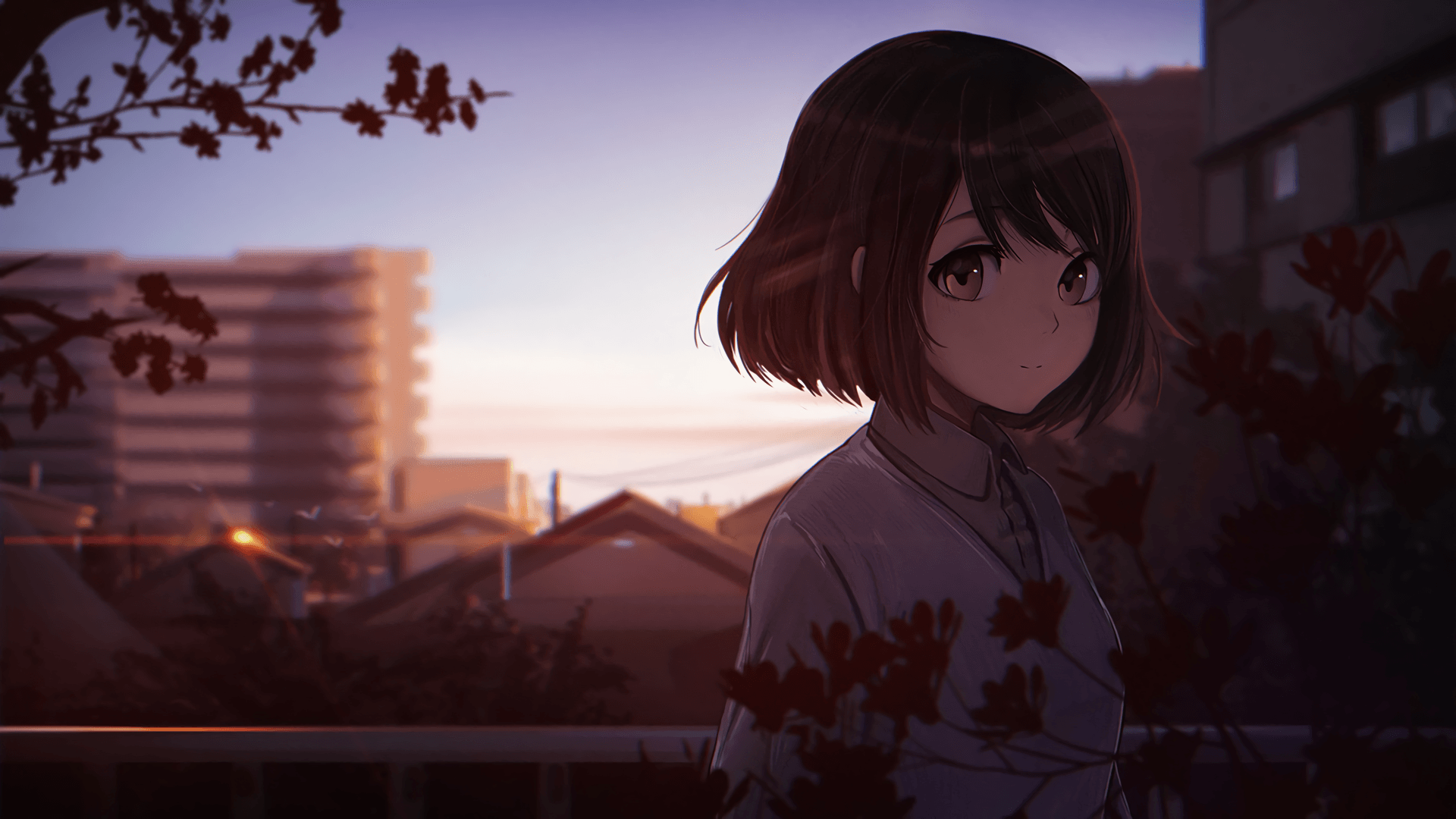 Anime Wallpaper 1920x1080 anime girls, short hair, tree, city