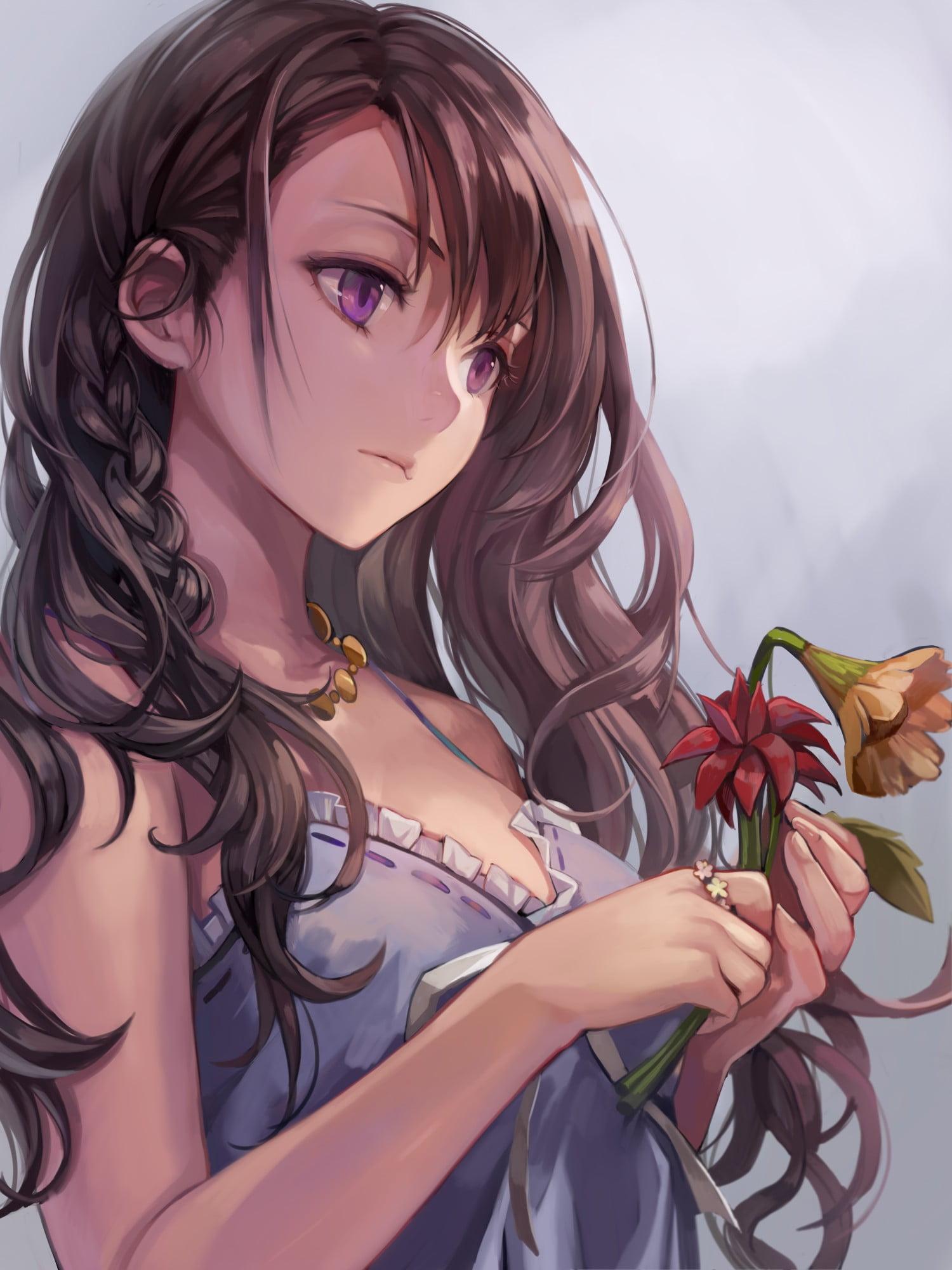 Brown Haired Girl Anime Character Holding A Flower HD Wallpaper