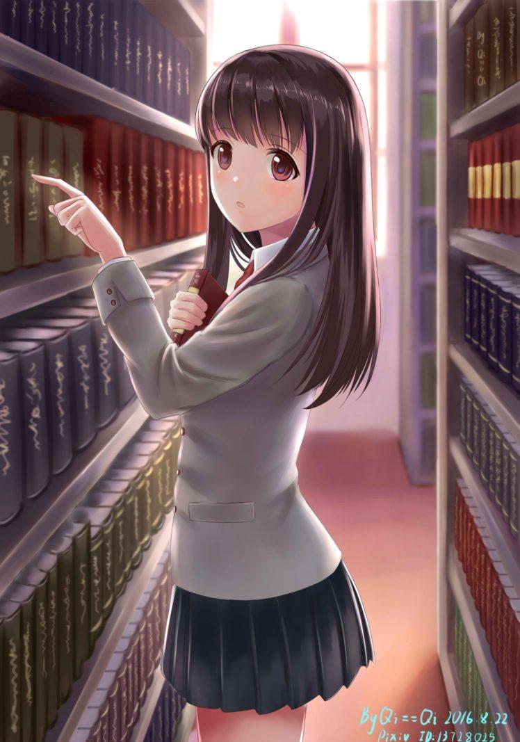 long hair, Brunette, Anime, Anime girls, Brown eyes, Library, Books, Skirt HD Wallpaper / Desktop and Mobile Image & Photo