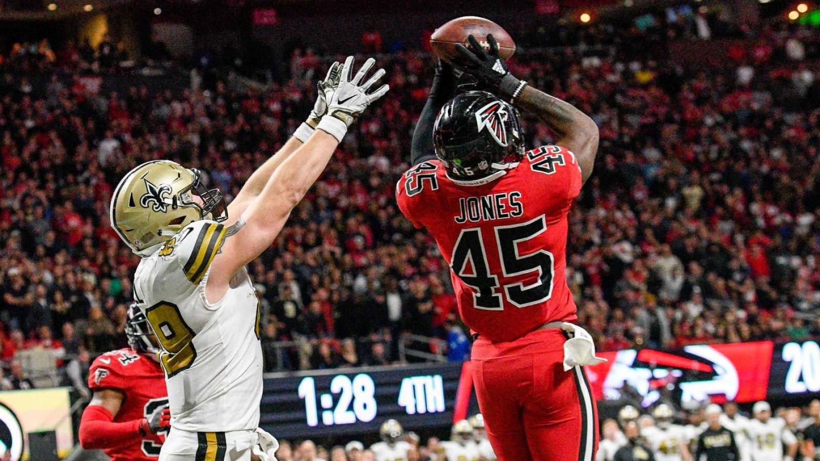 WATCH: Deion Jones intercepts Drew Brees in the end zone to save