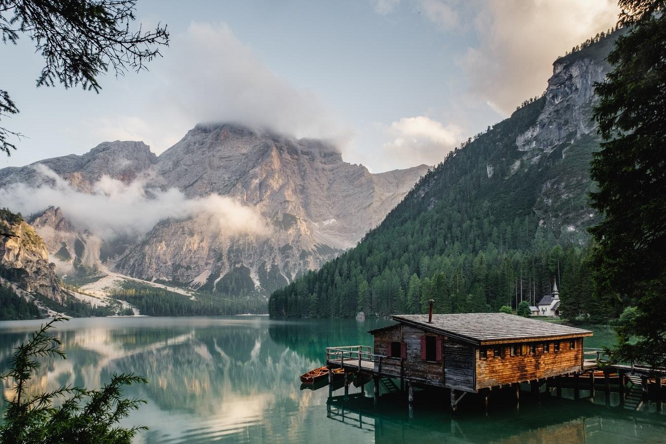 Boathouse, Lake and Mountain