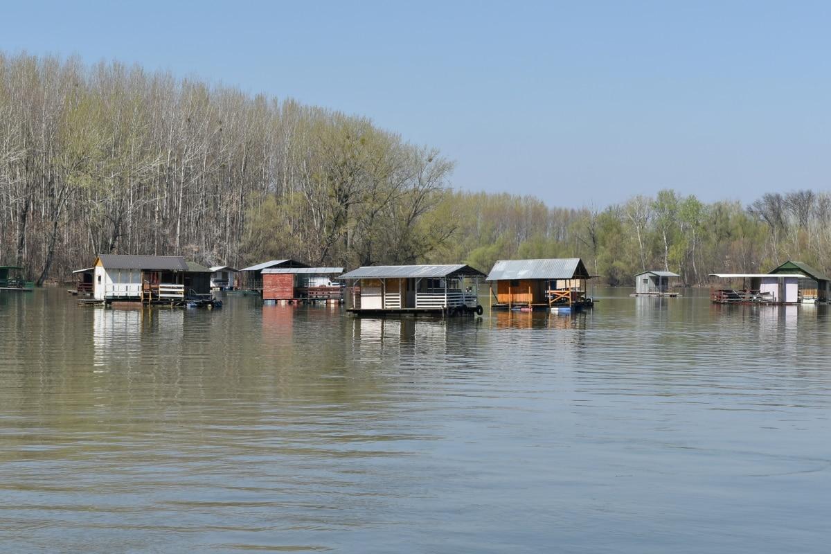Free picture: water, lake, boathouse, house, reflection, wood, flood