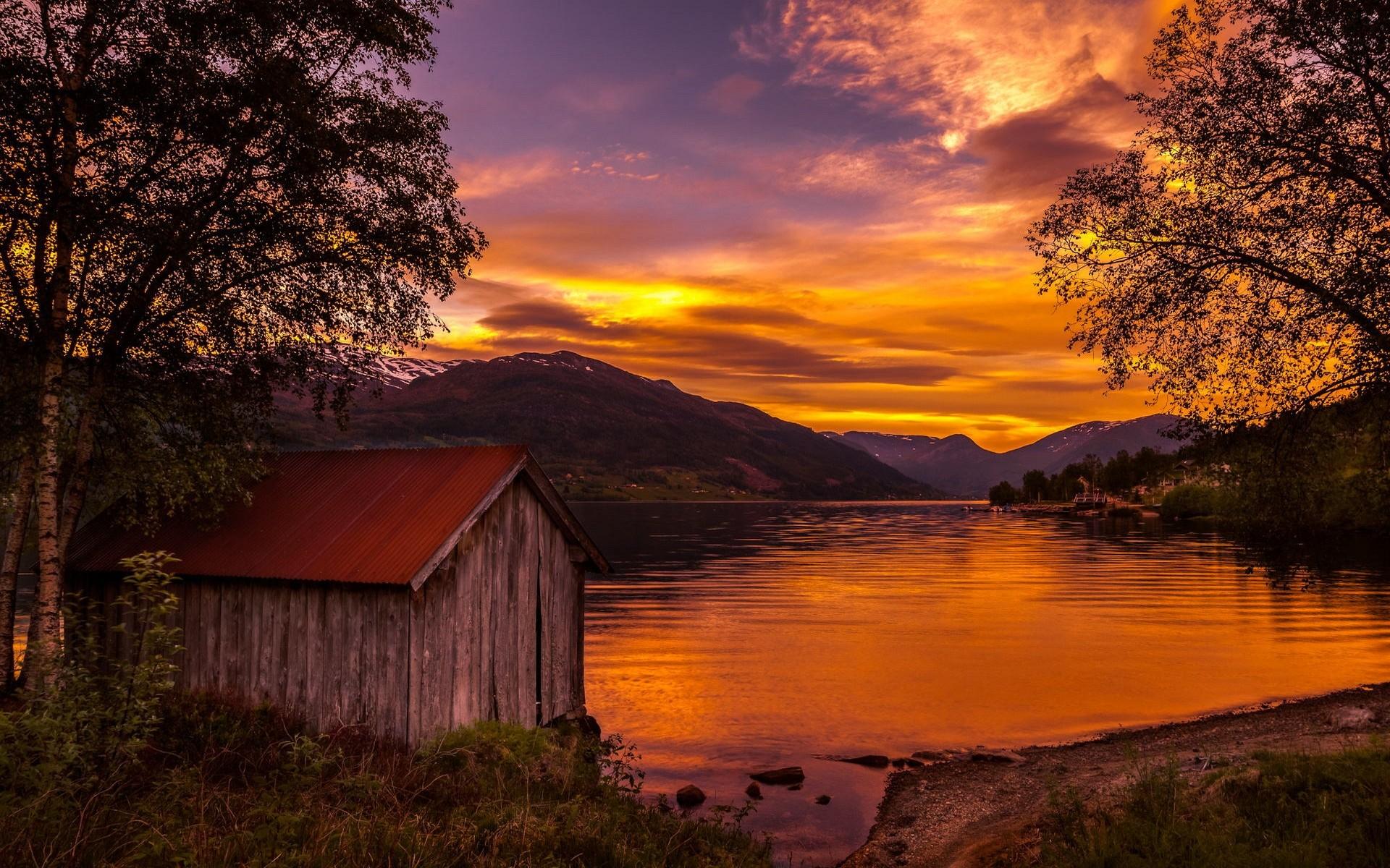 Boat House on Lake at Sunset HD Wallpaper. Background Image