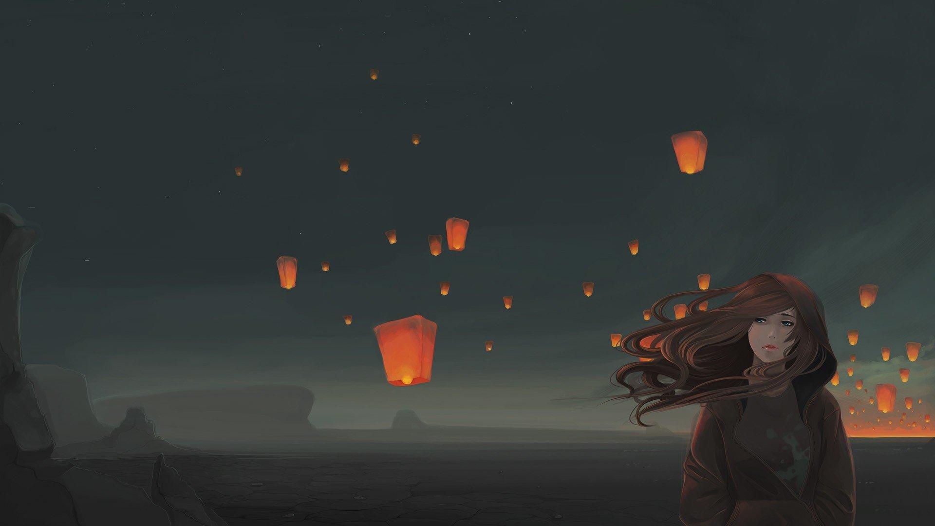 sky lanterns, Windy, Original characters, Night HD Wallpaper