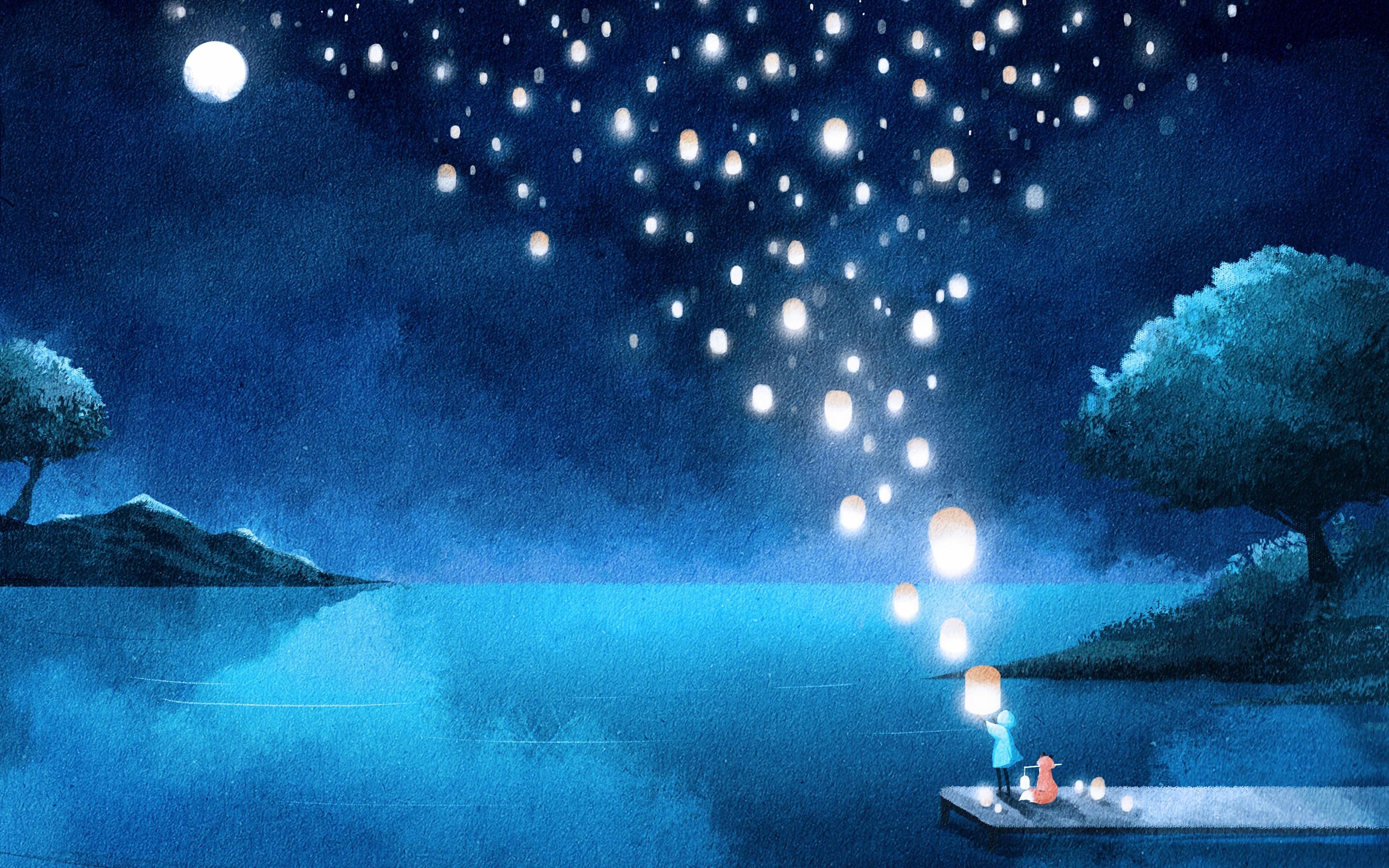 wallpaper lake, night, lanterns, silhouette, art HD, Widescreen