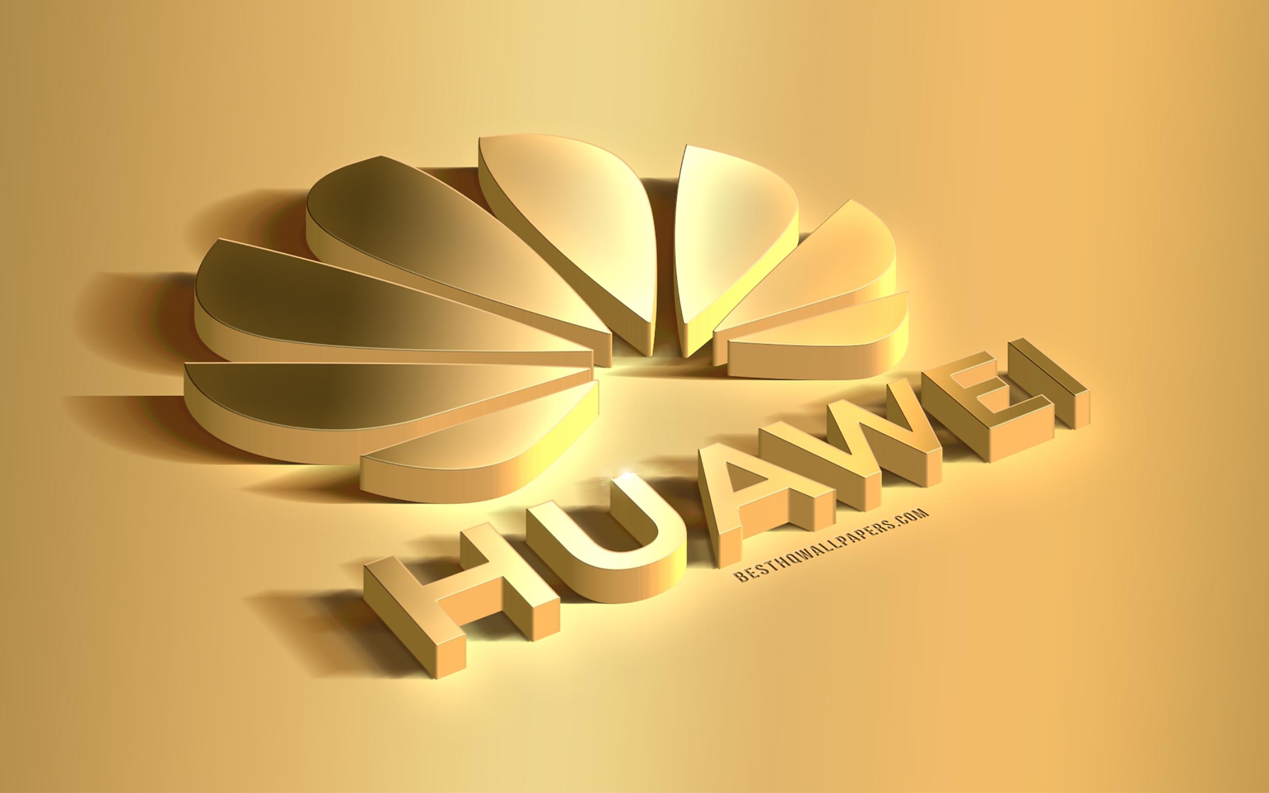Download wallpaper Huawei, golden 3D logo, golden background