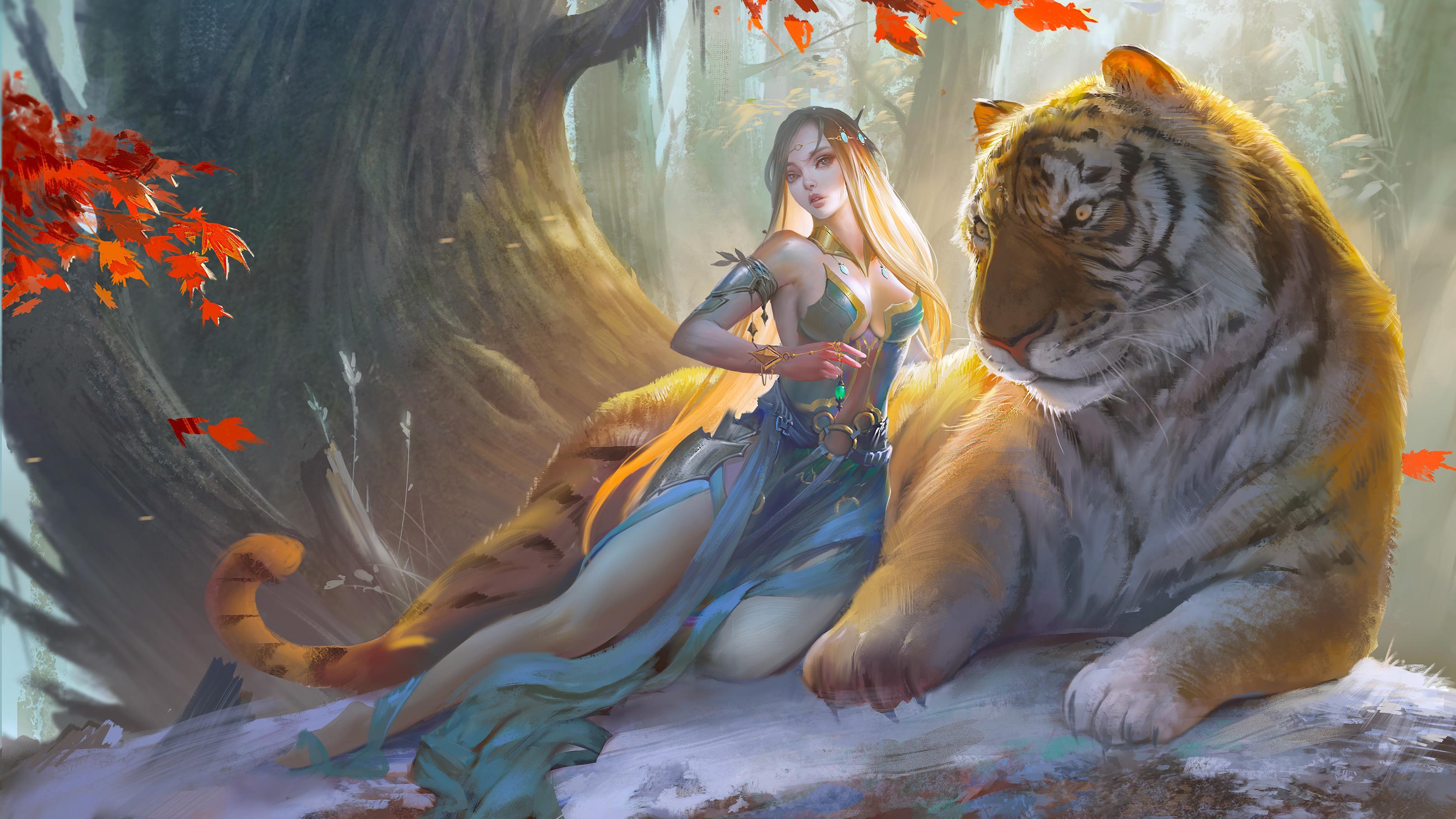 Fantasy Girl With Tiger, HD Fantasy Girls, 4k Wallpaper, Image