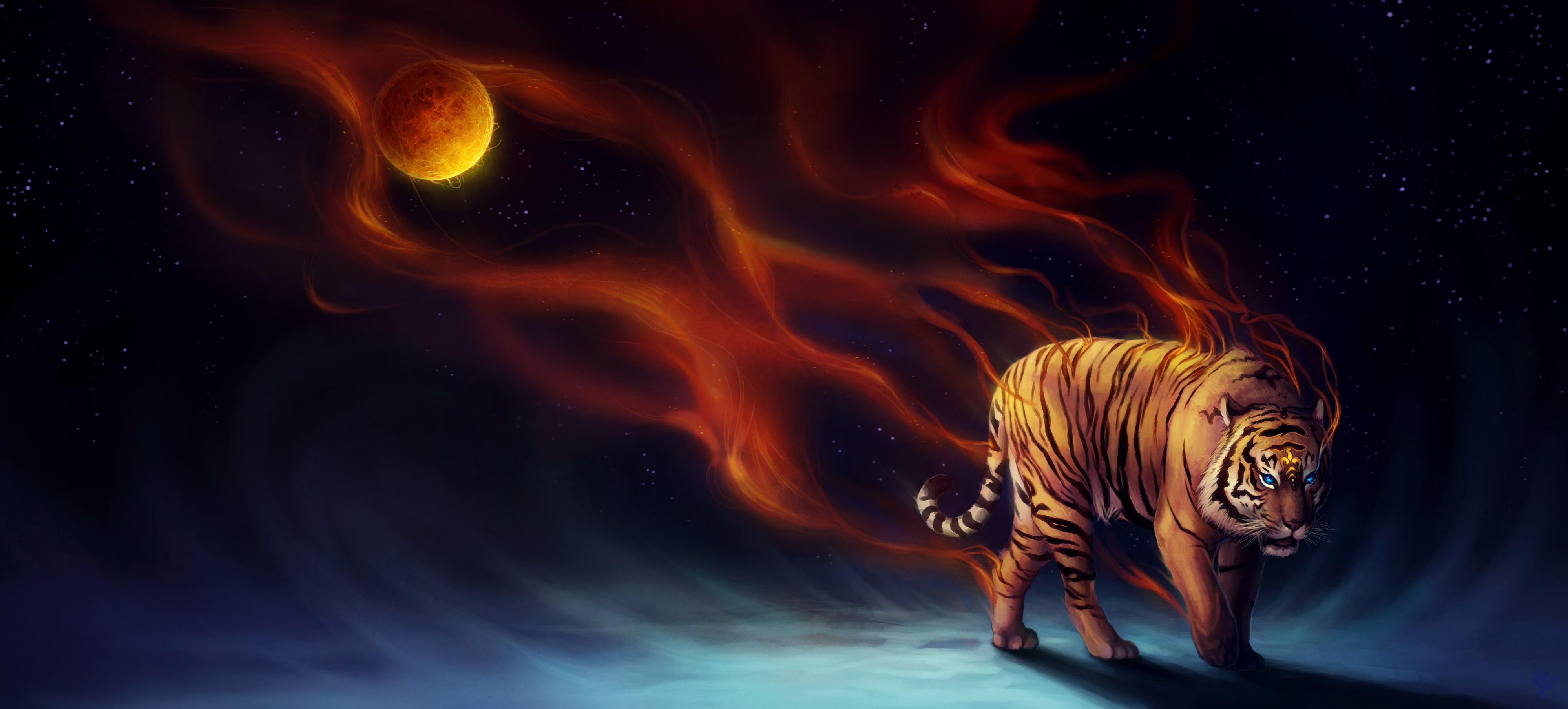 Tiger Fantasy Magical Flame 4k, HD Artist, 4k Wallpaper, Image