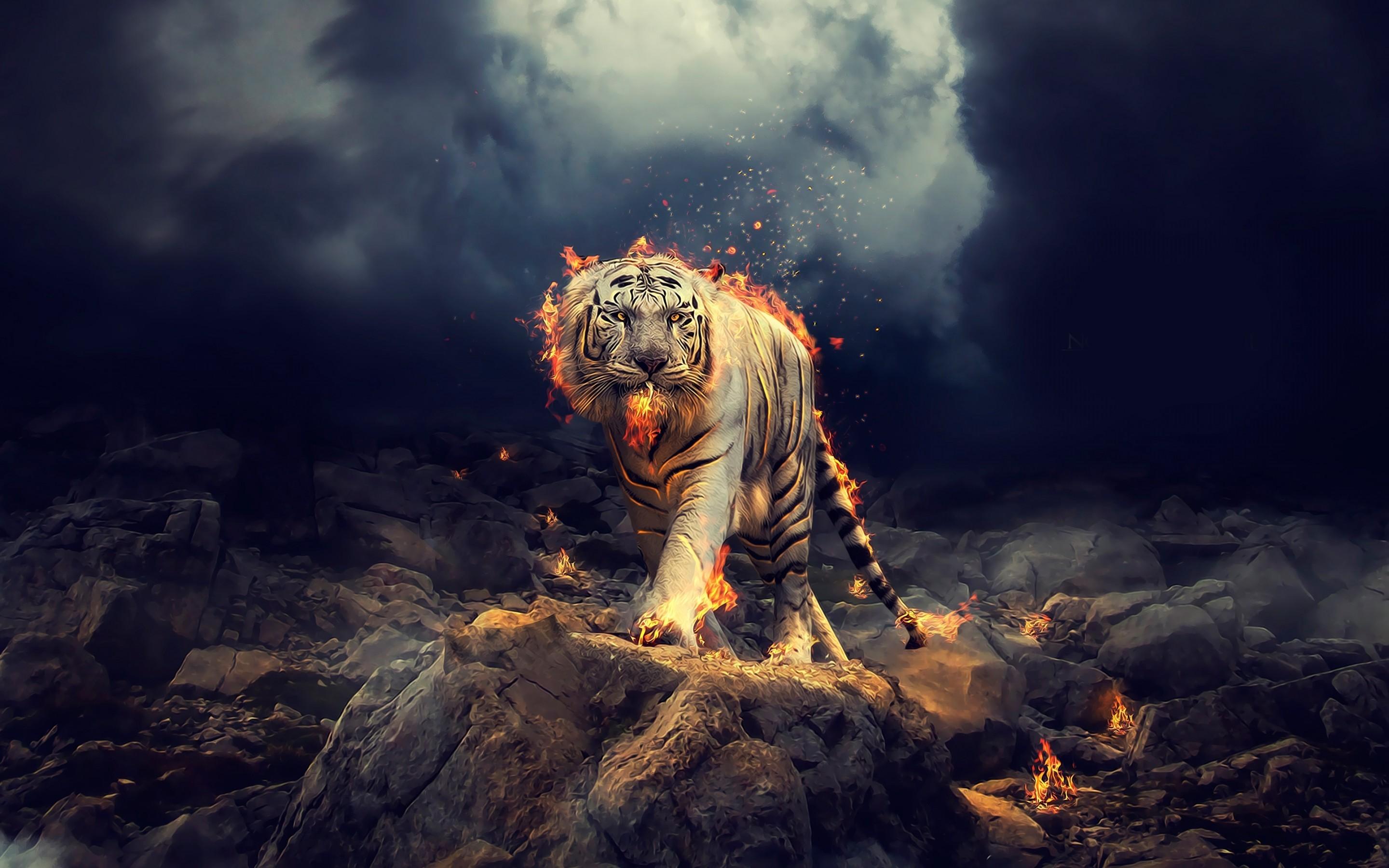 Download 2880x1800 White Tiger, Fantasy, Fire, Rocks, Walking