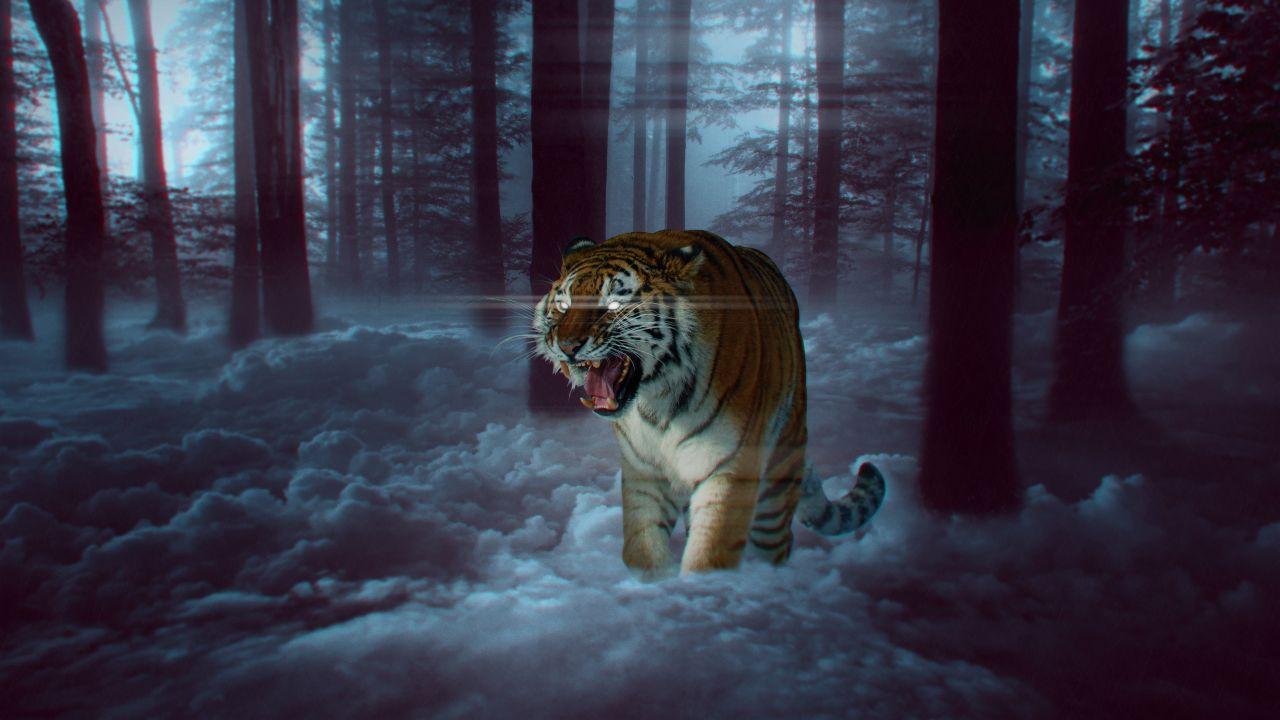 Wallpaper Tiger, Predator, Forest, Surreal, Fantasy, 4K, 8K, Animals