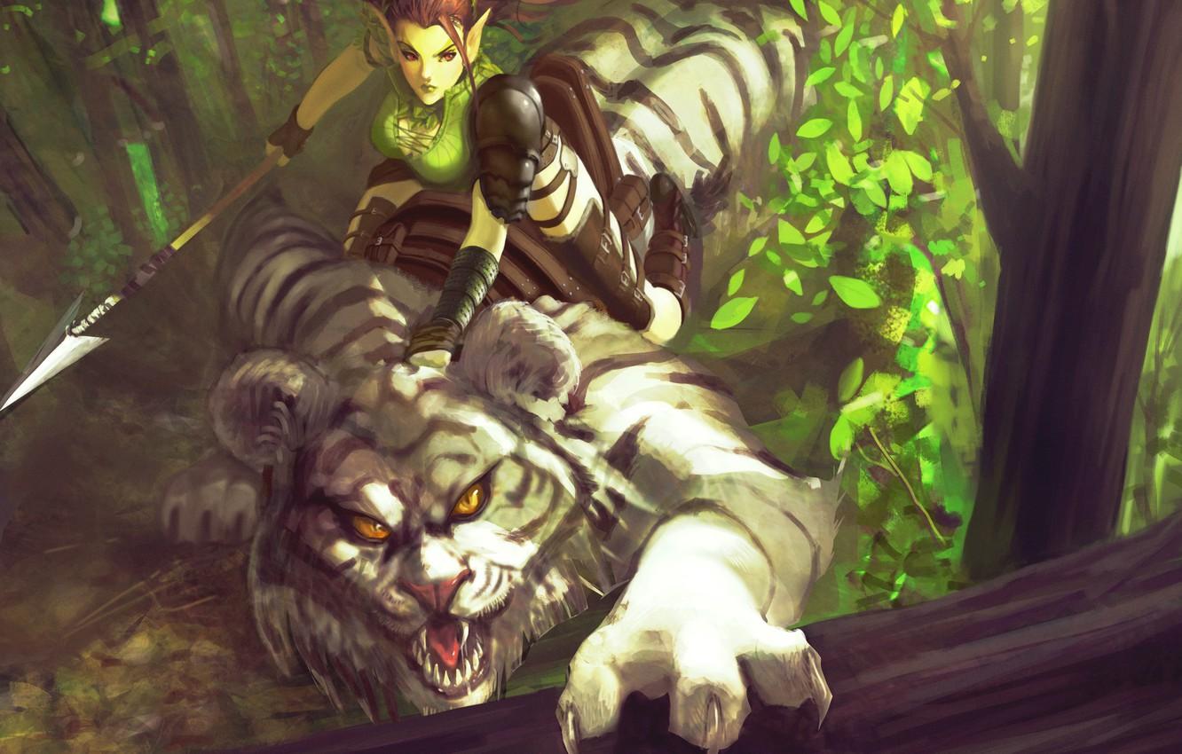 Wallpaper forest, girl, tiger, predator, fantasy, art, elf image