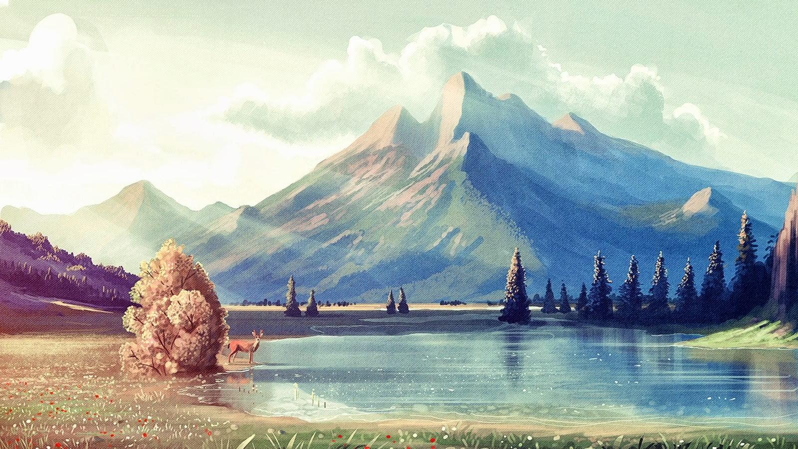 Brown deer, digital art, nature, mountains, artwork HD wallpaper