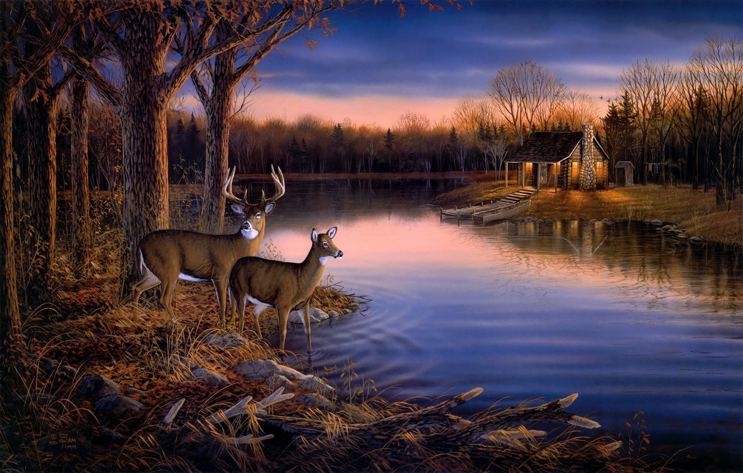 Deer Painting Trees HD wallpaper