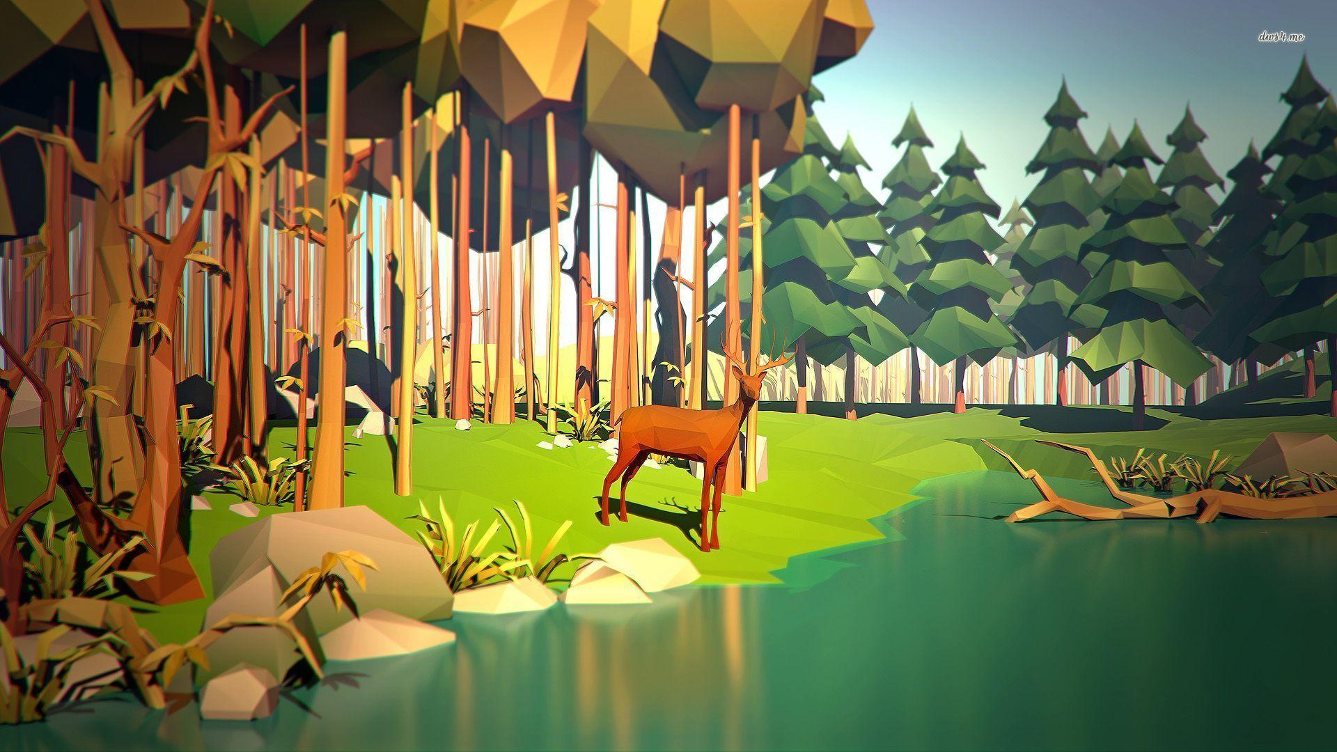 Polygon deer at the forest pond wallpaper wallpaper