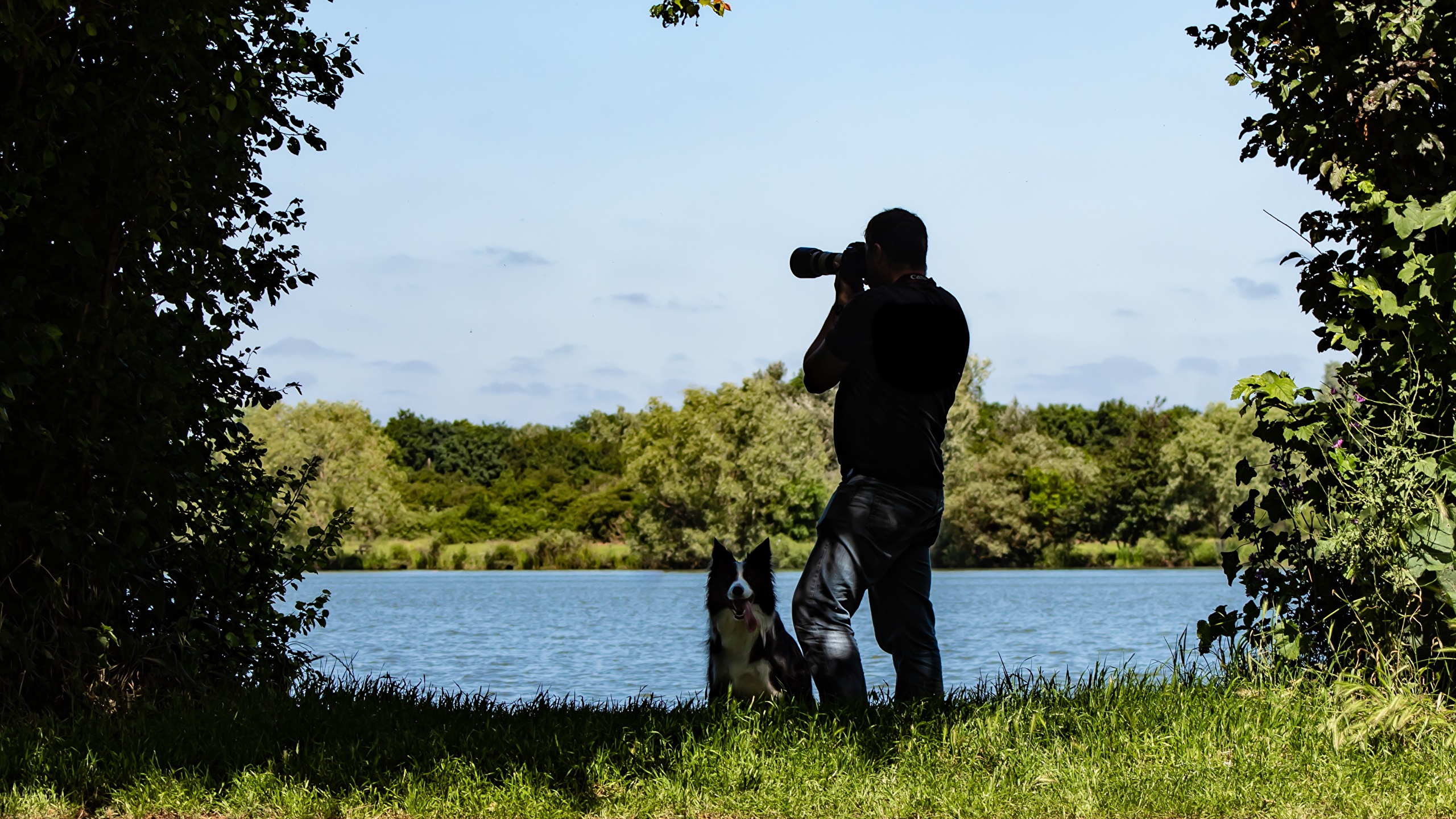 Photo dog Men Photographer Nature Lake Grass 2560x1440