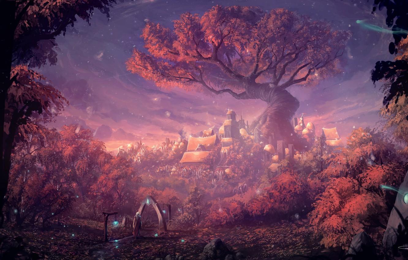 Wallpaper forest, gate, settlement, Fantasy Forest City image