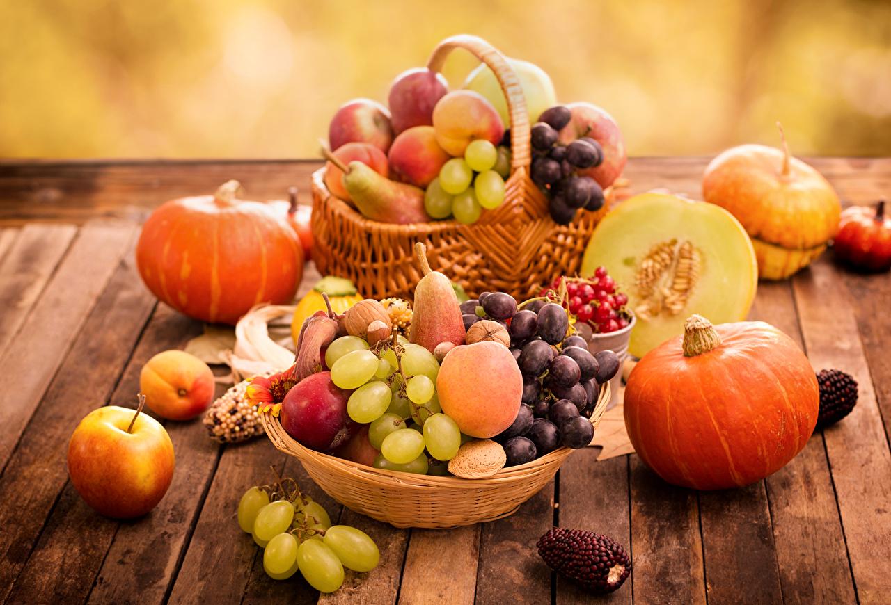 Wallpaper Autumn Pumpkin Grapes Apples Peaches Wicker basket Food