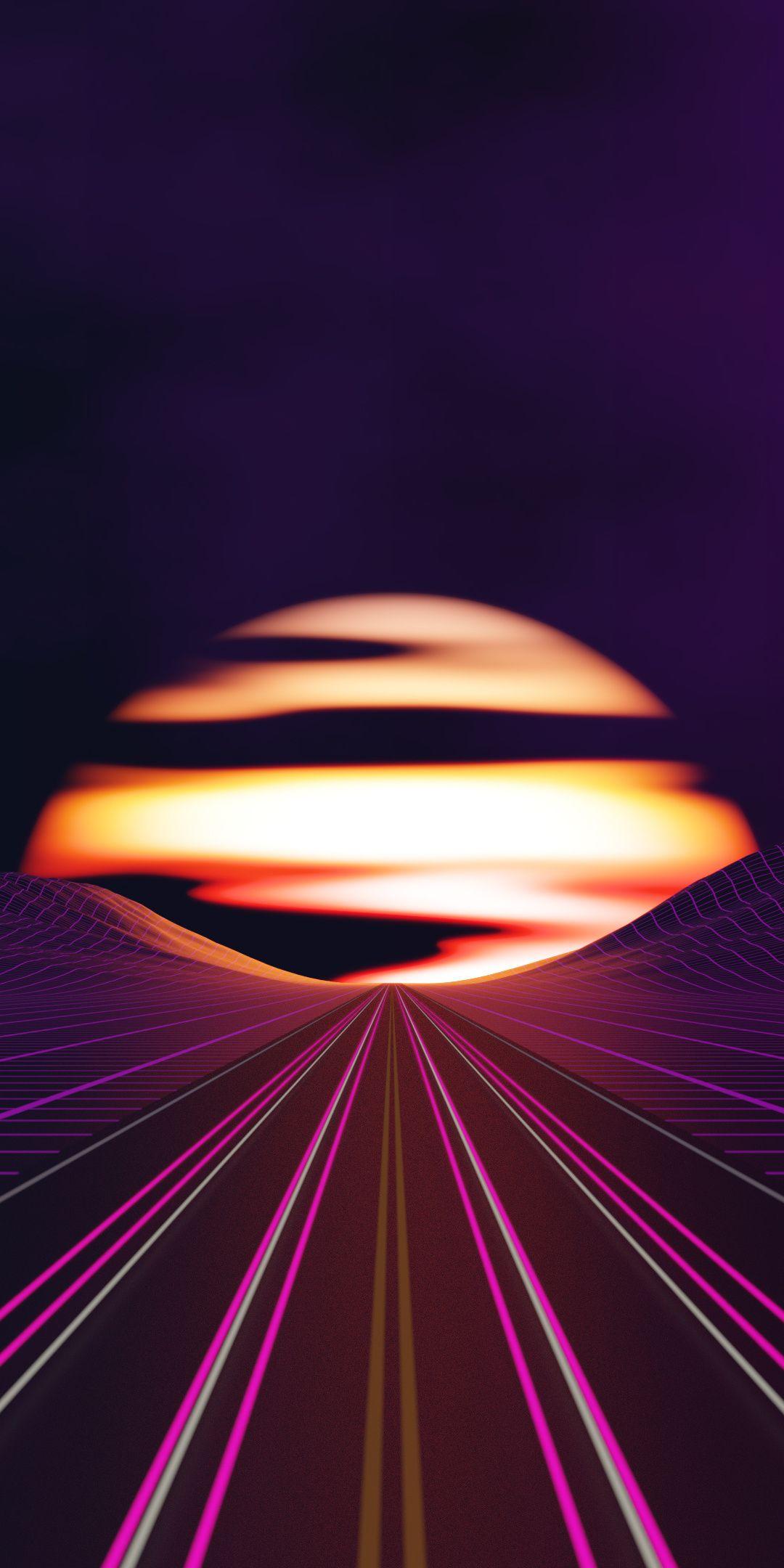 Neon, moon, mountains, landscape, minimal, digital art, 1080x2160