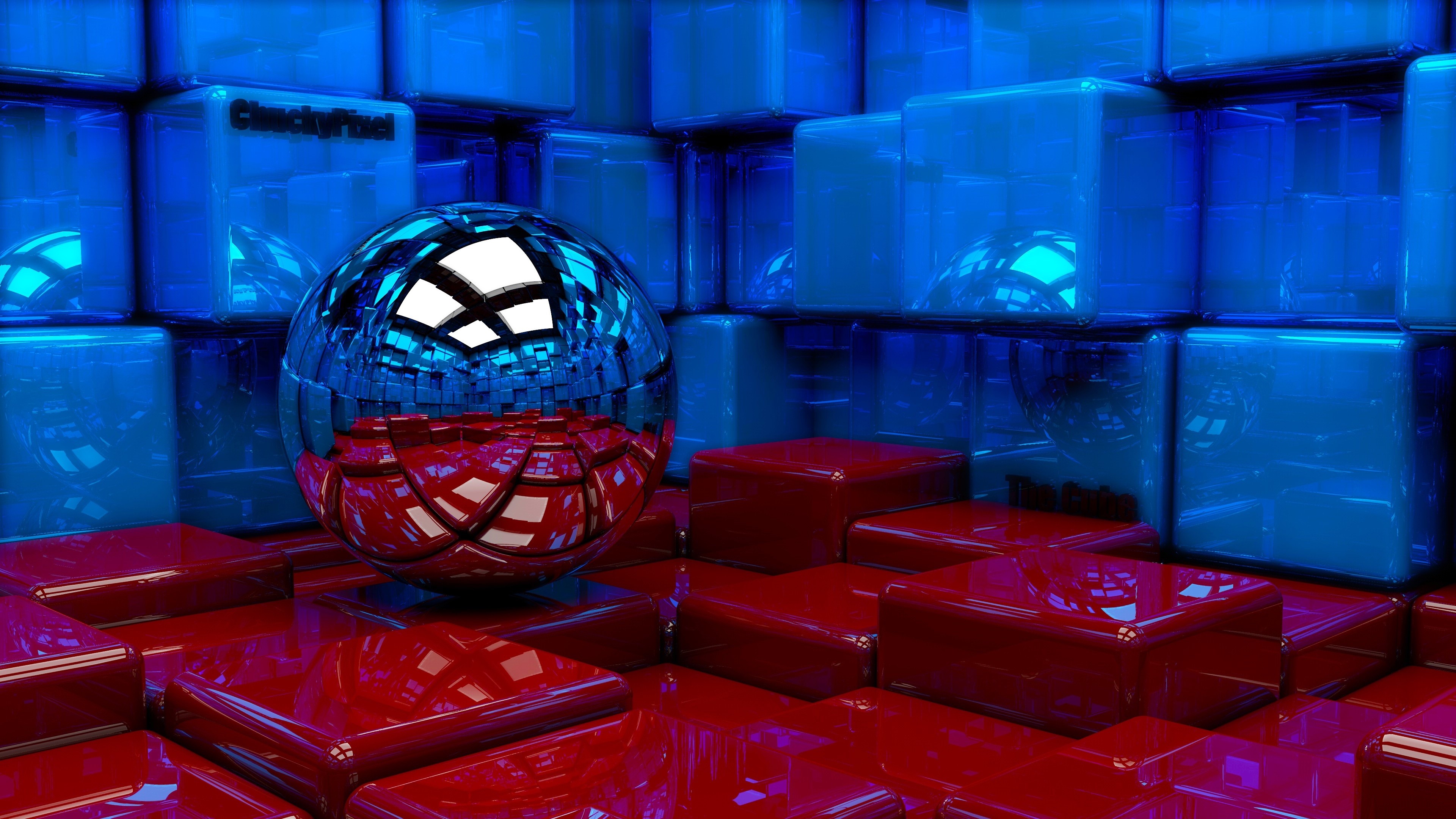 Wallpaper 3D design, blue and red cubes, ball 3840x2160 UHD 4K