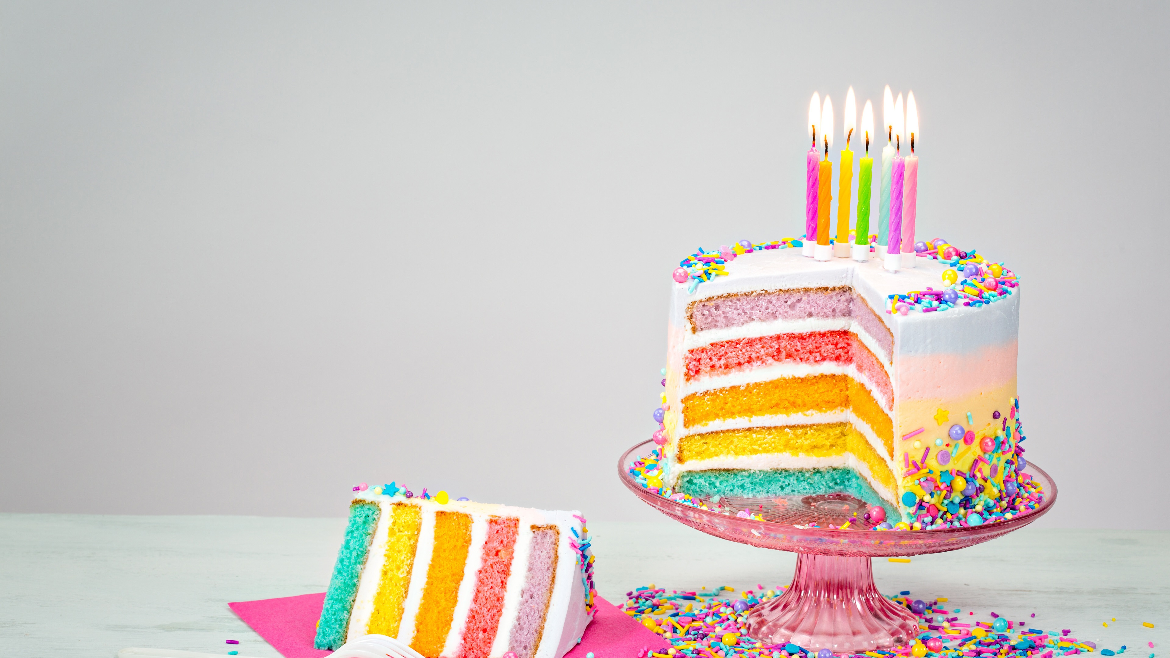 Wallpaper Rainbow colors birthday cake, candles, flame 3840x2160 UHD