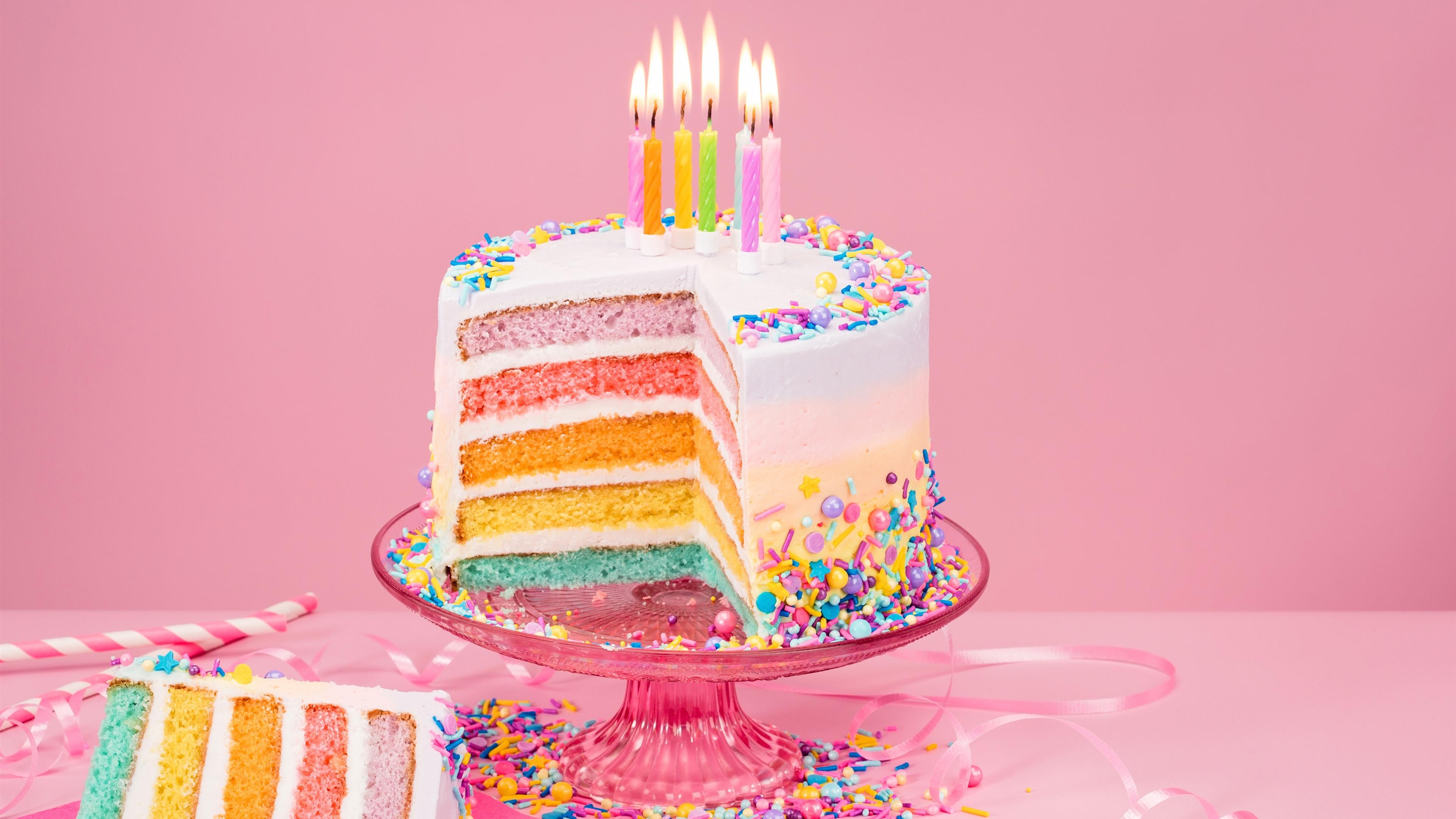 Wallpaper Birthday cake, colorful layers, rainbow color, candles, flame 3840x2160 UHD 4K Picture, Image