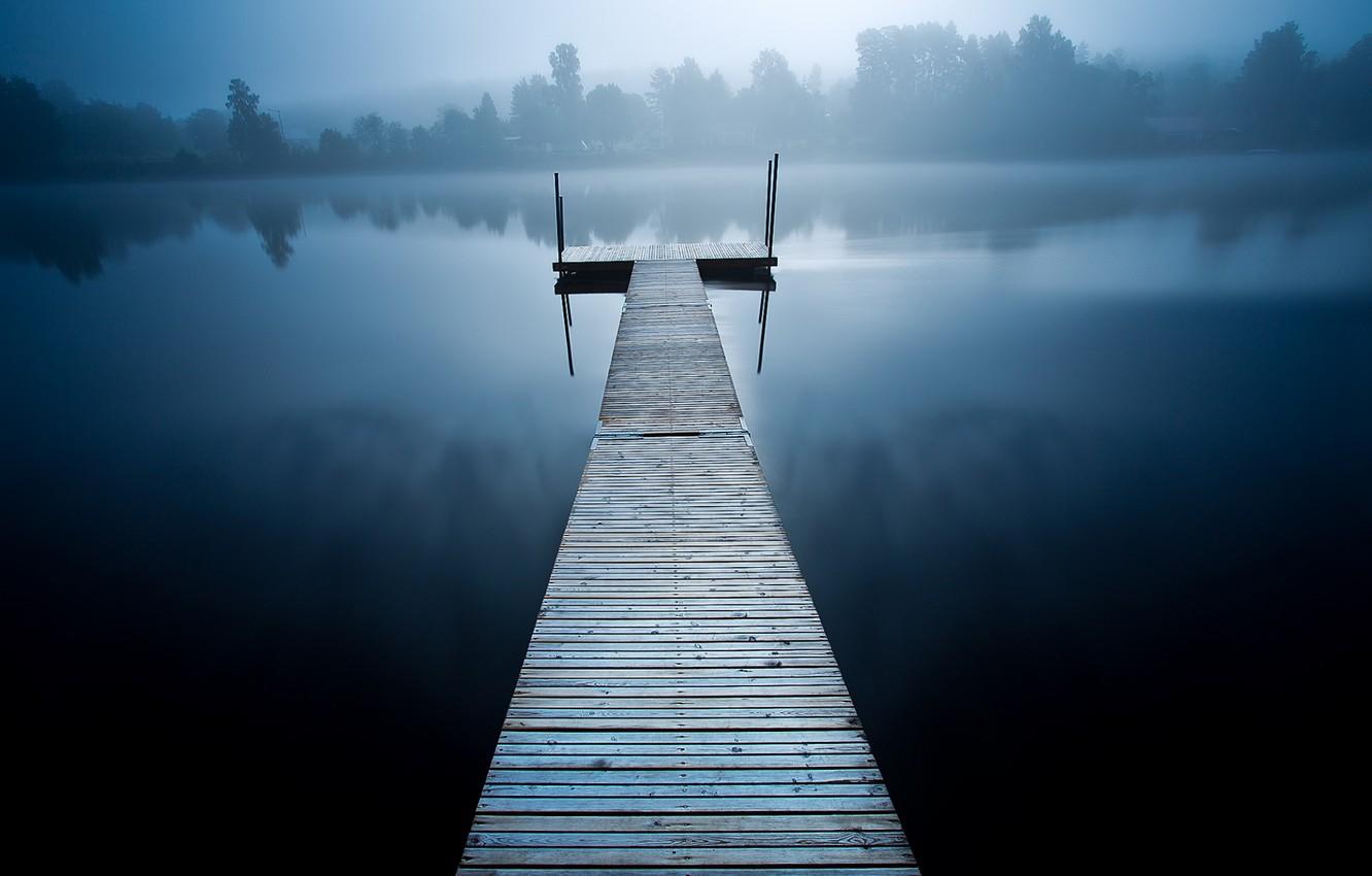 Wallpaper trees, wood, lake, fog, houses, pier, cold image