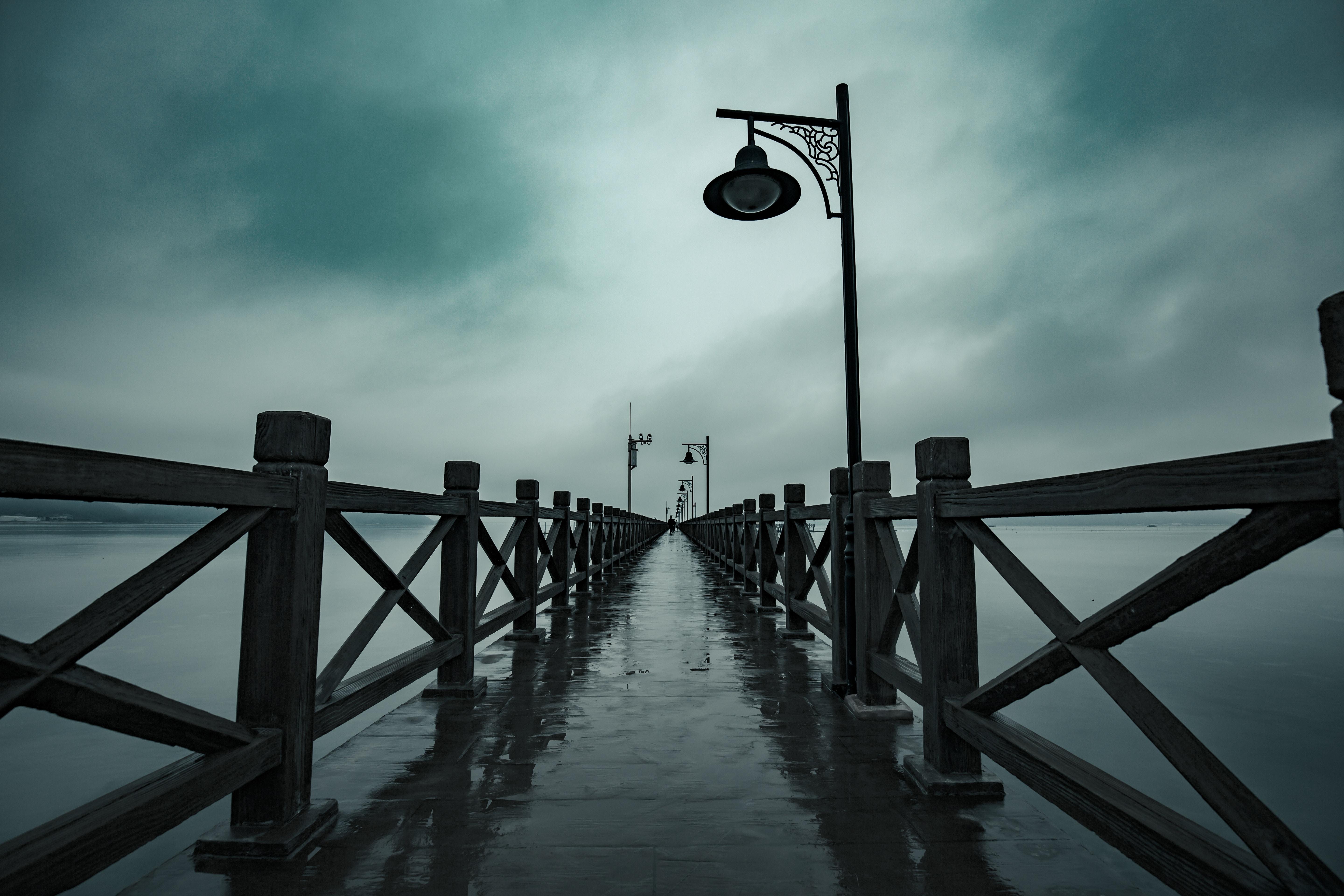 wallpaper pier, fog, moisture, lights, railings HD, Widescreen