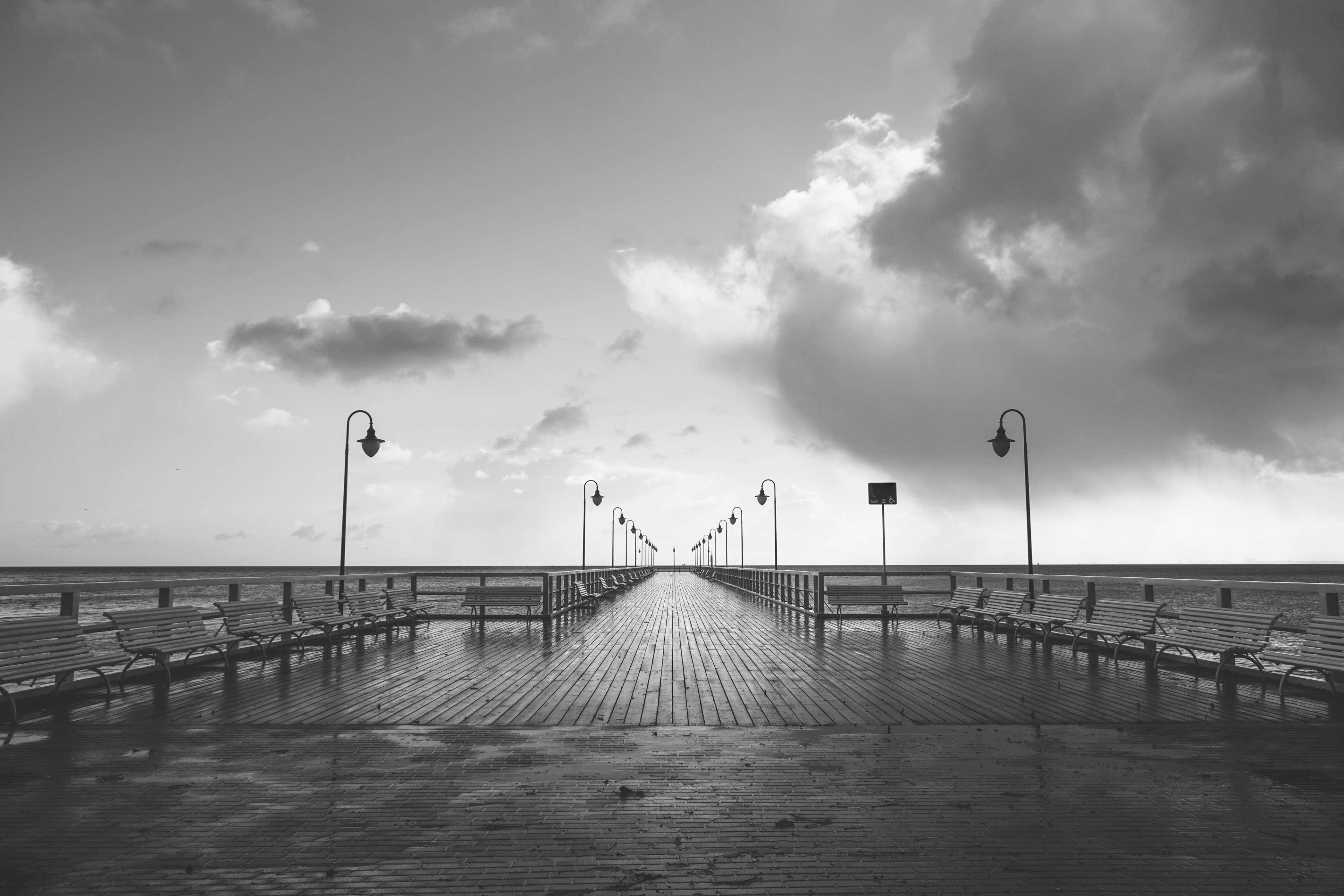 benches, black and white, boardwalk, bridge, clouds, cloudy