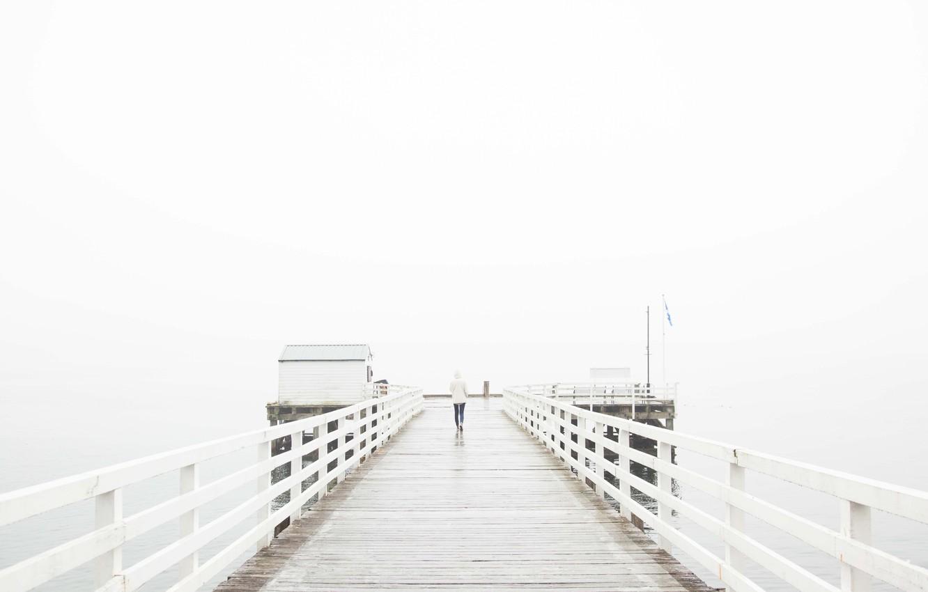 Wallpaper girl, wet, sea, ocean, fog, pier, mist, cloudy, deck