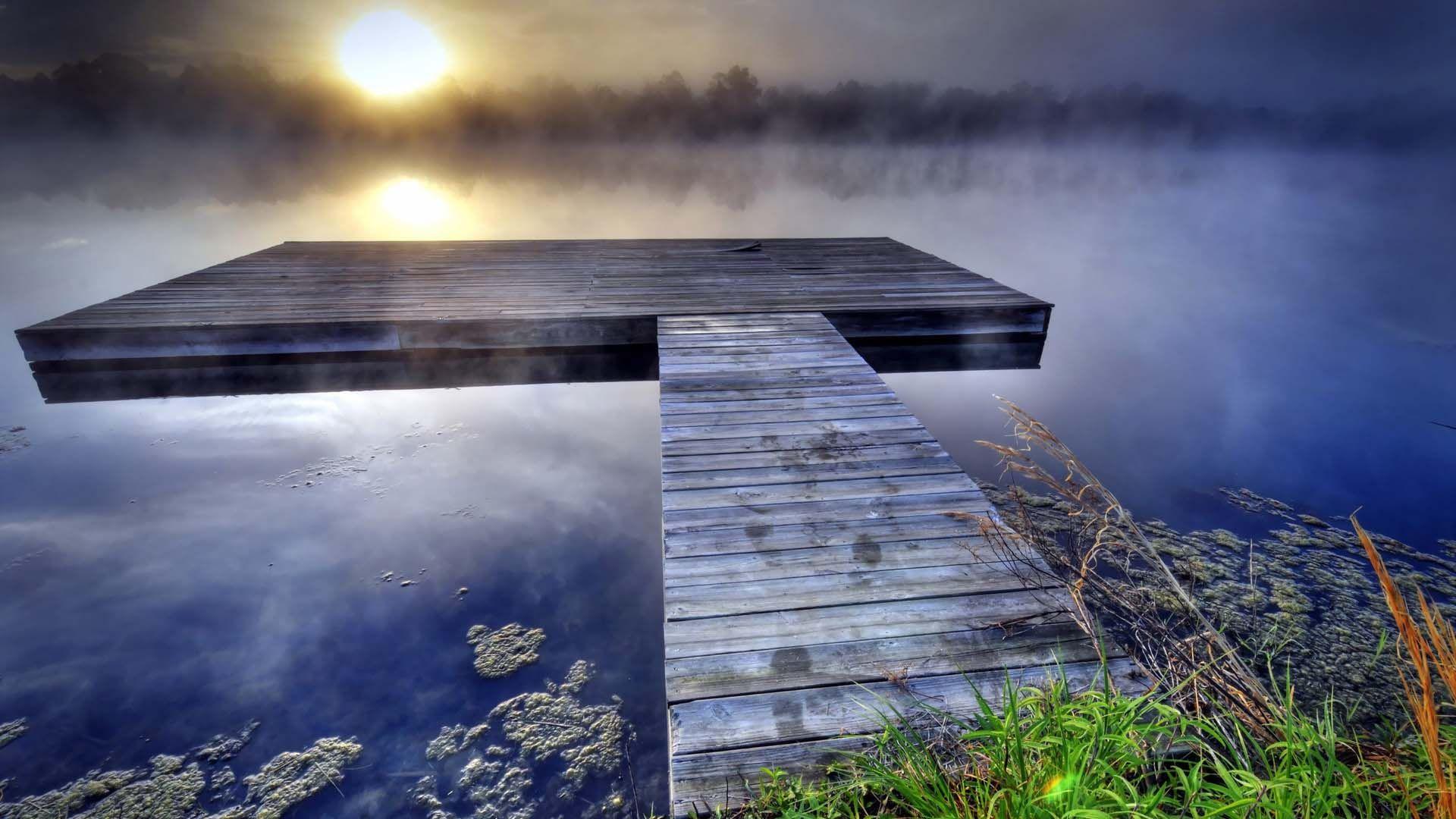 Pier On Foggy Lake. HD Nature Wallpaper for Mobile and Desktop