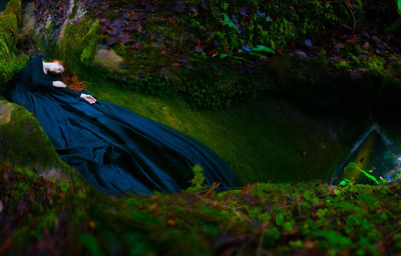 Wallpaper autumn, forest, leaves, girl, stones, hair, moss, sleep