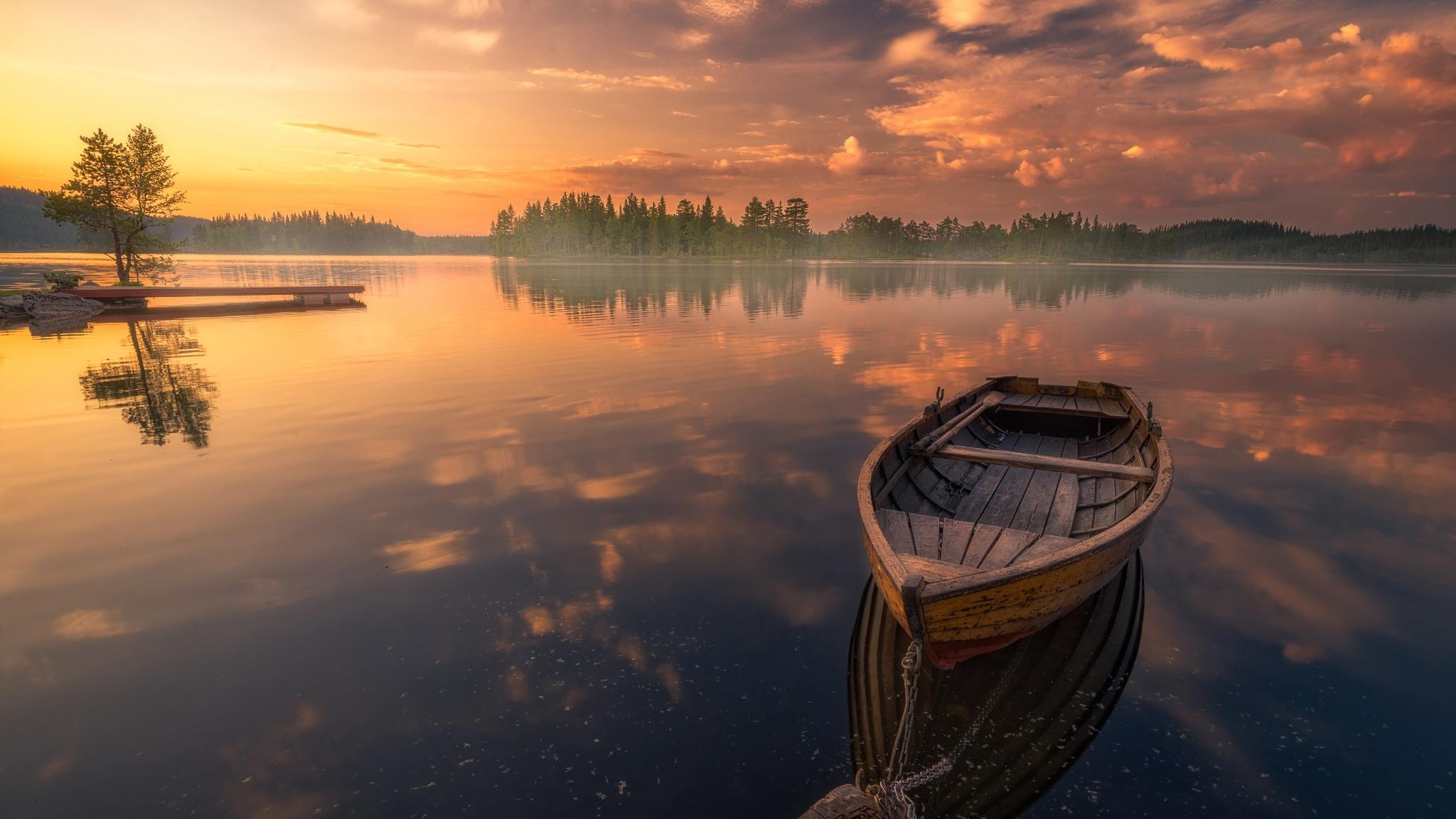 Boat In Silent Lake Nature Sunset 2048x1152