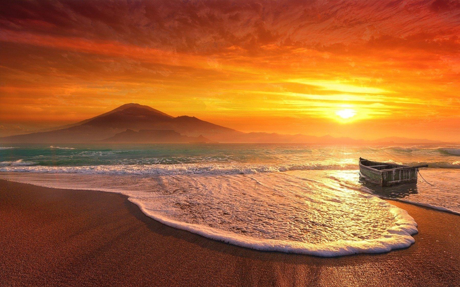 Boat on the Beach at Sunset Wallpaper
