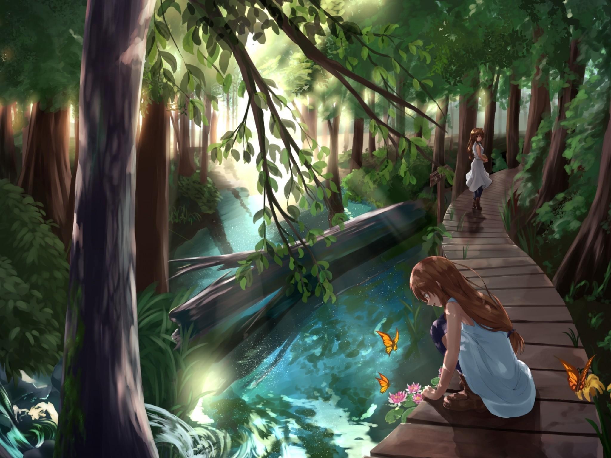 Download 2048x1536 Anime Girls, Forest, River, Trees, Nature
