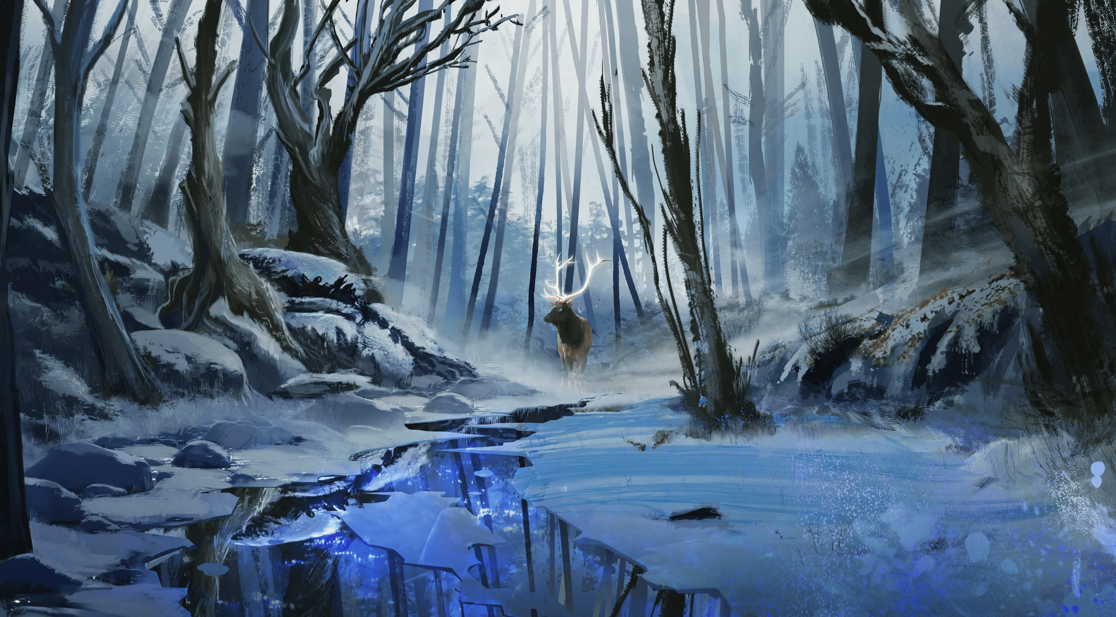 Deer Art Forest River Winter Image, Wallpaper