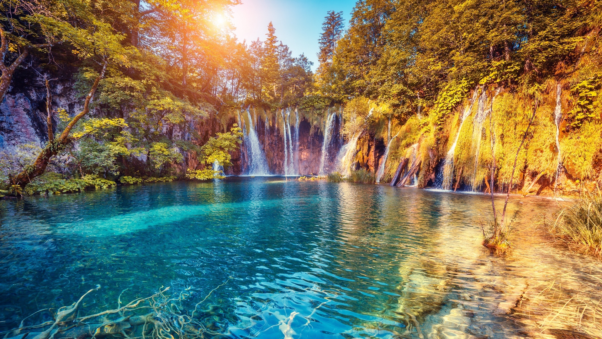 Sunrise Waterfall Summer Days View Wallpapers