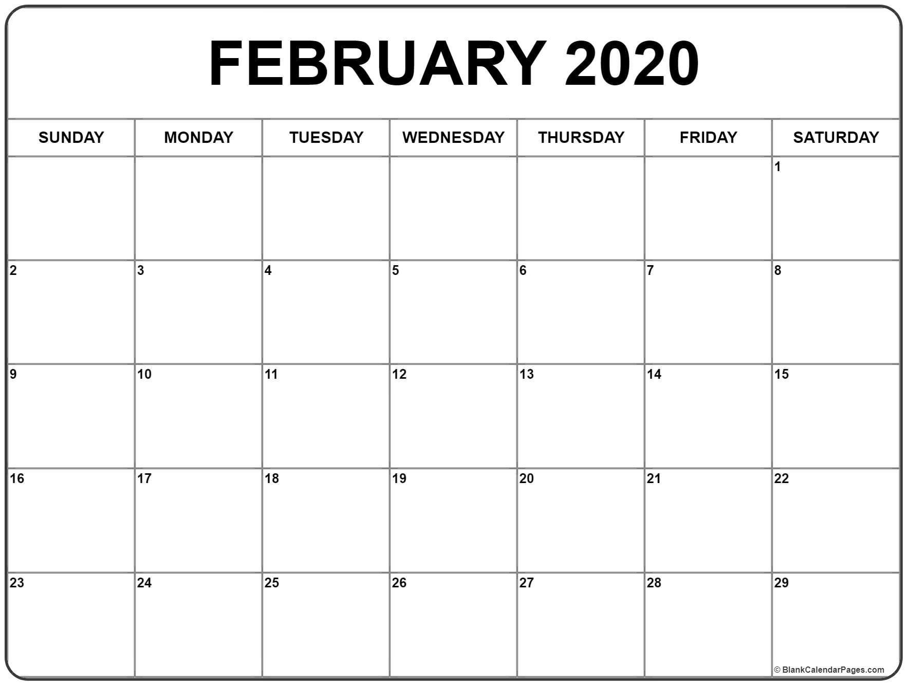 Blank February 2020 Calendar Printable February 2020 Calendar Of