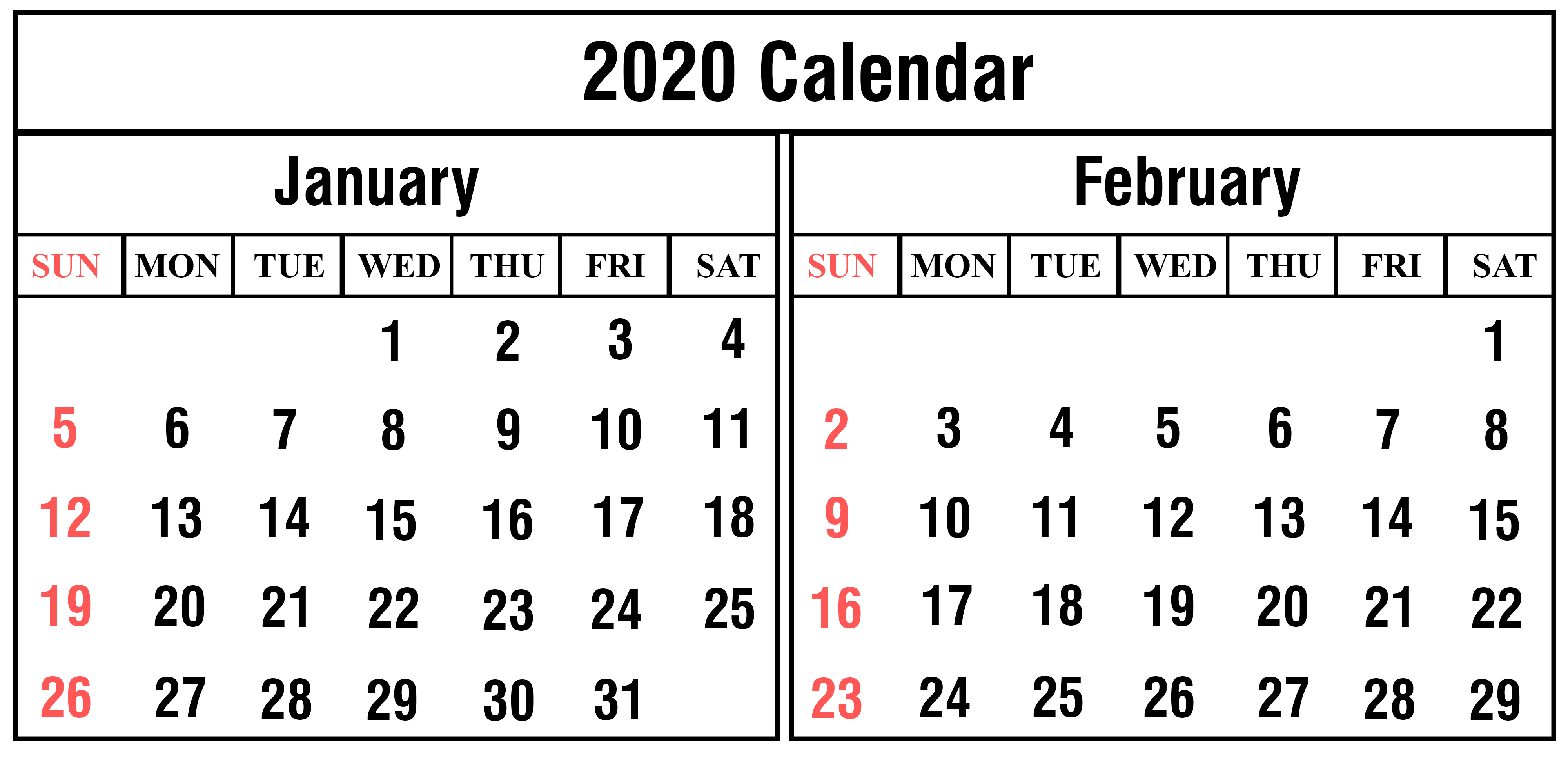 Blank January February 2020 Calendar Printable