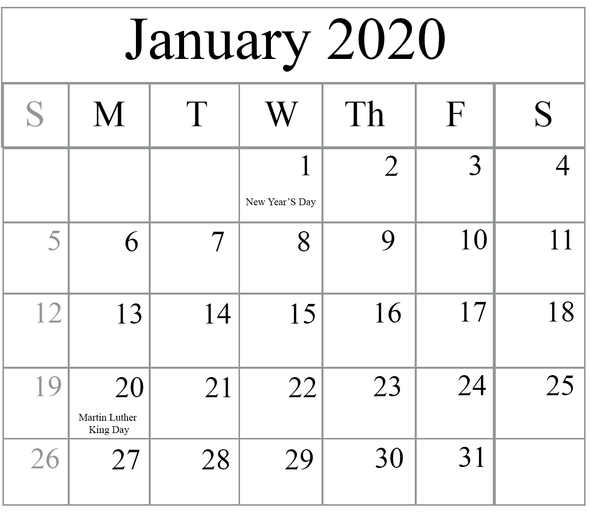 January 2020 Calendar Printable in PDF Word Excel