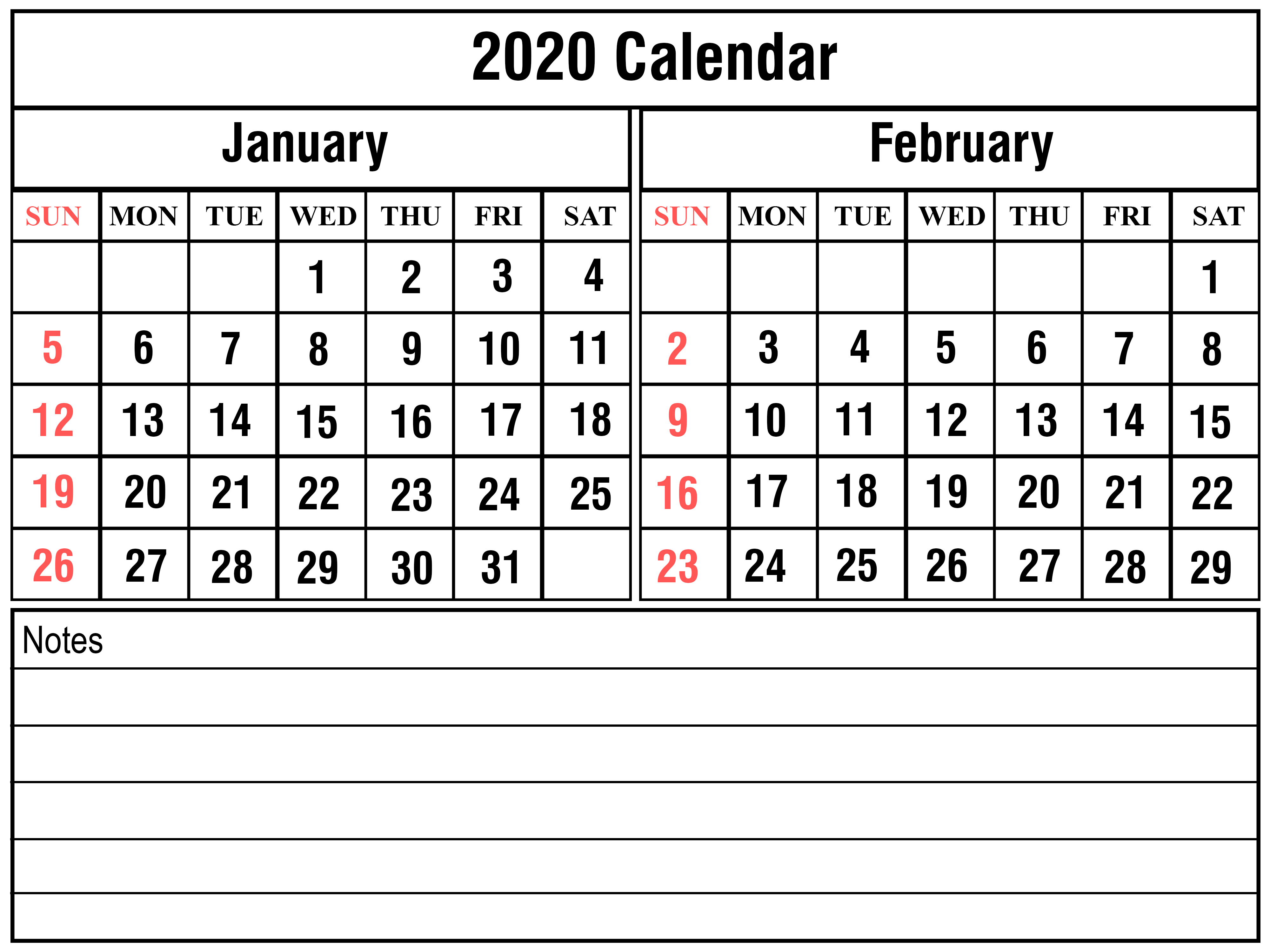 Blank January February 2020 Calendar Printable