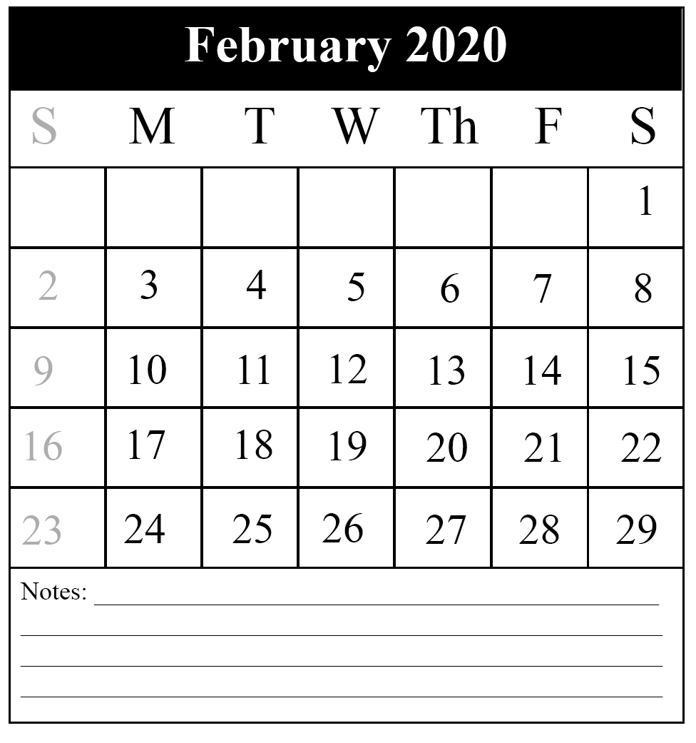 Free Blank February 2020 Printable Calendar In PDF, Excel & Word