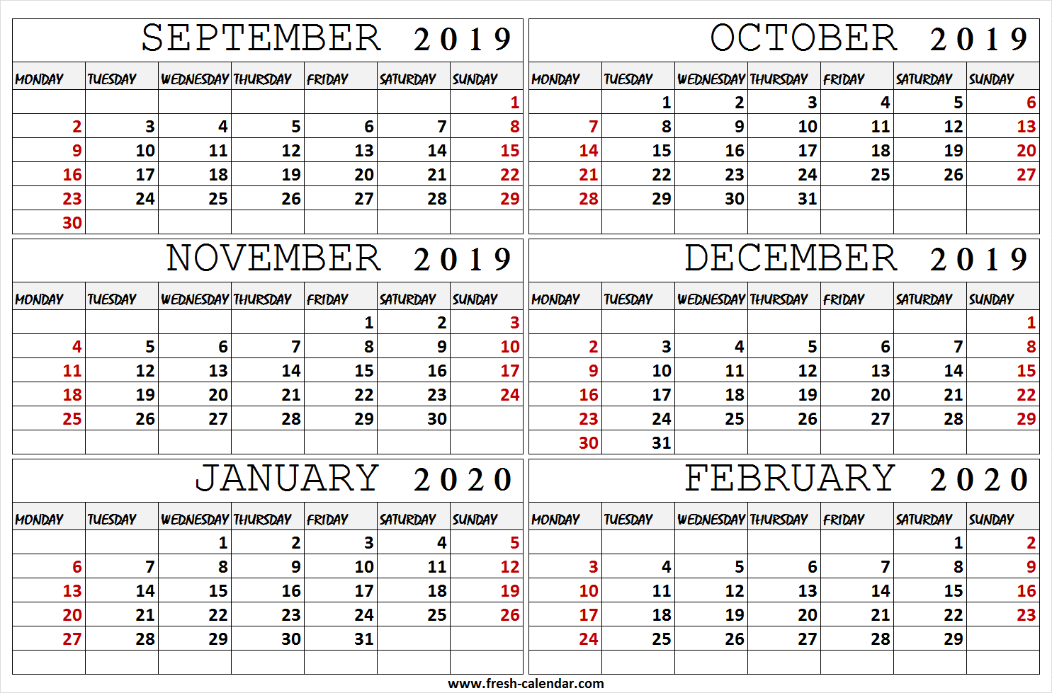 Six Month September 2019 February 2020 Calendar. Fresh