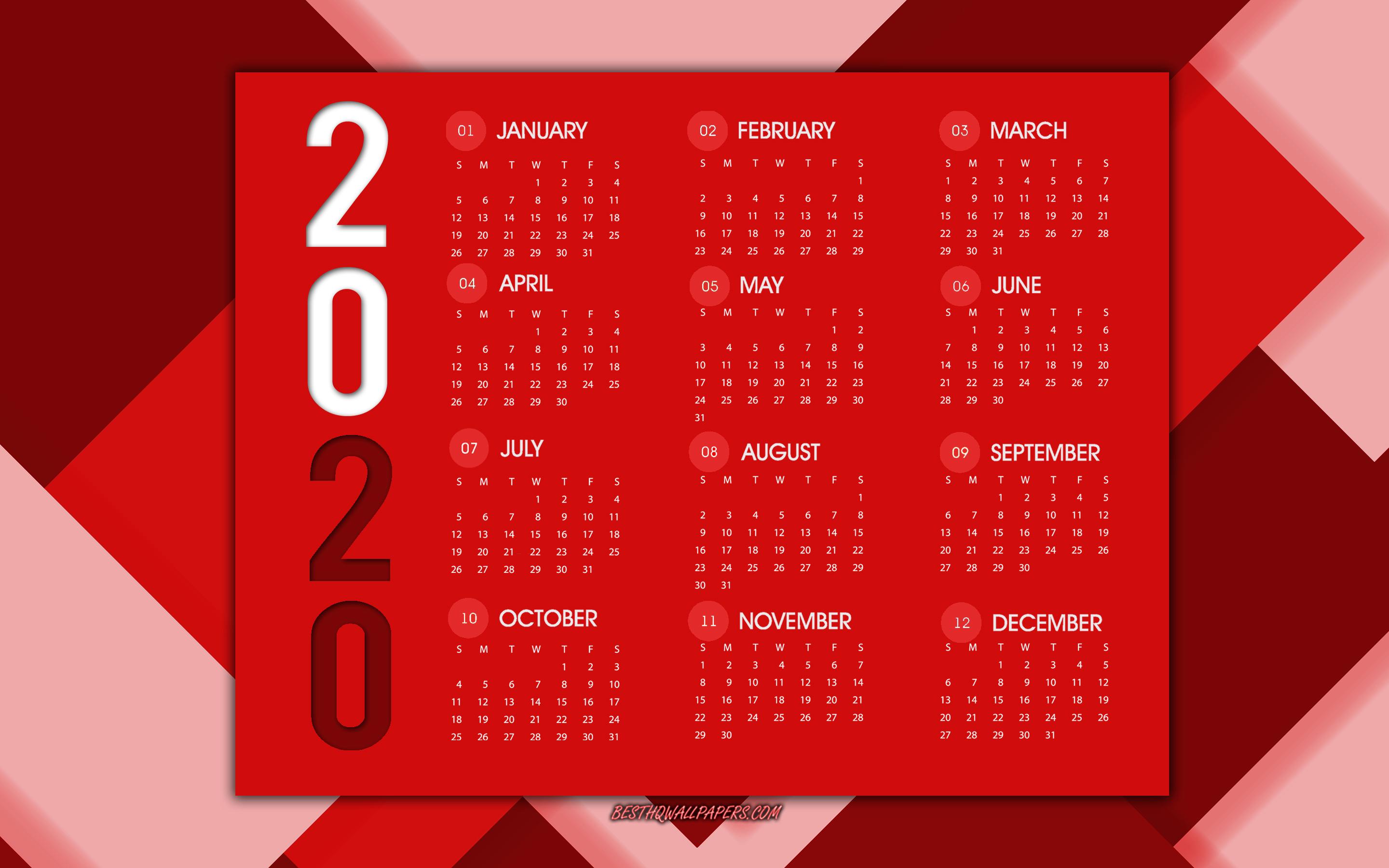 Download wallpaper 2020 calendar, red abstract background, 2020 red