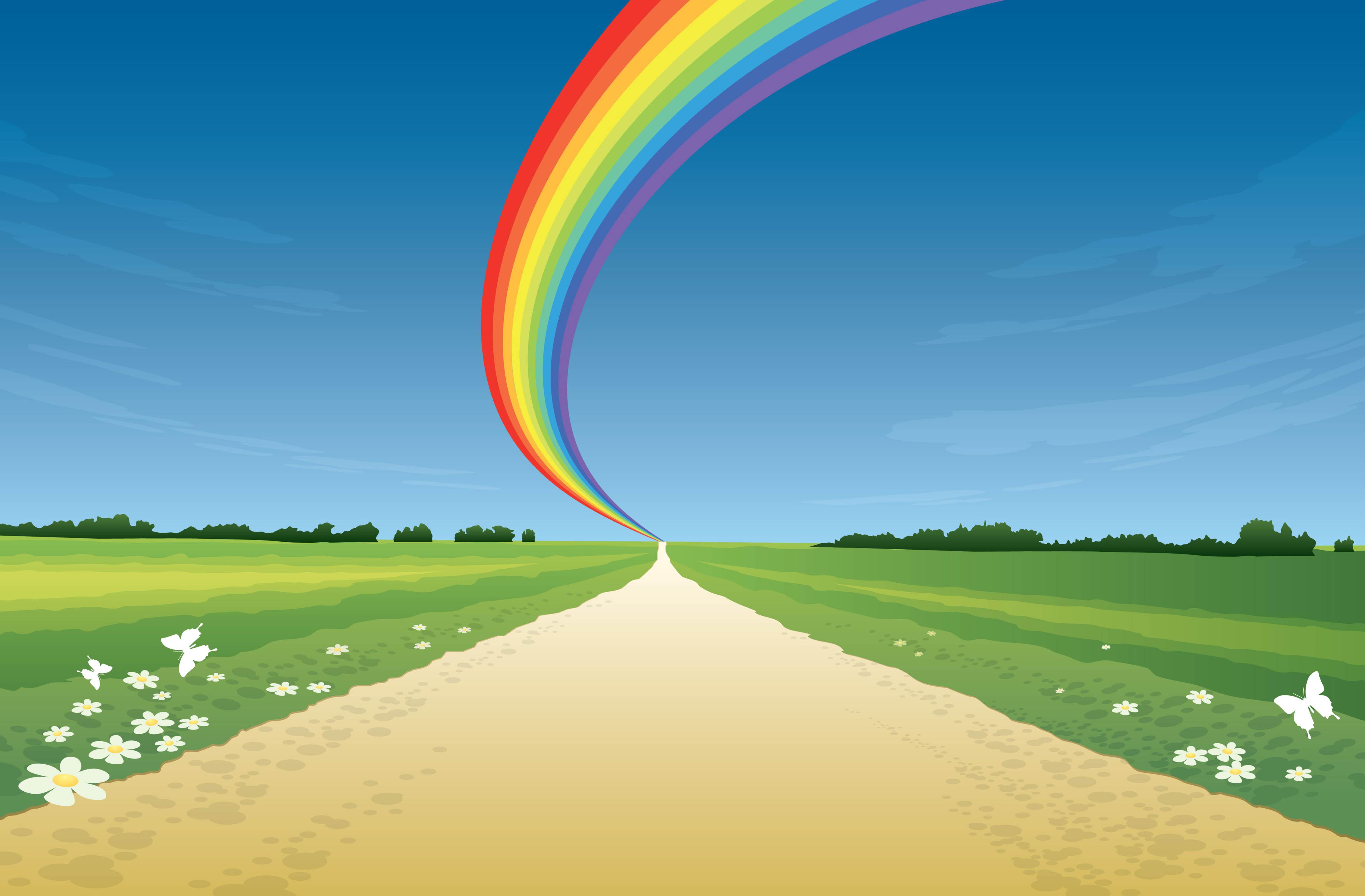 Download wallpaper: road, green Grass, Rainbow, blue Sky, download photo