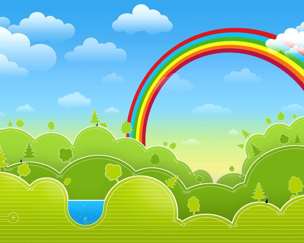 Download wallpaper: green trees, blue Sky, Rainbow. download photo